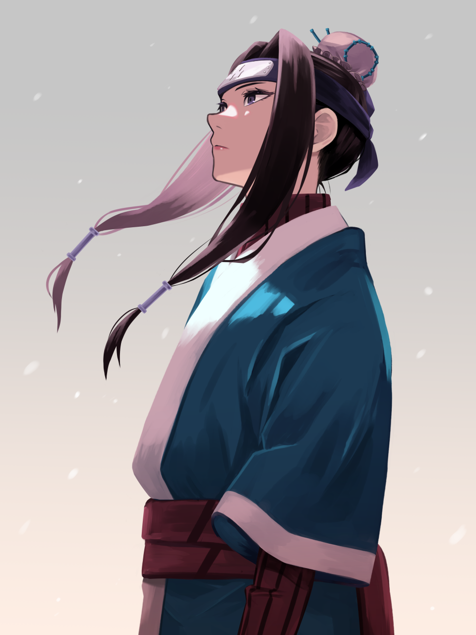 haku (naruto), naruto (classic), naruto (series), highres, 1boy, black hair, closed mouth, forehead protector, from side, hair bun, hair tubes, japanese clothes, kirigakure symbol, looking up, male focus, purple eyes, sameccor, short hair with long locks, short sleeves, snow, solo
