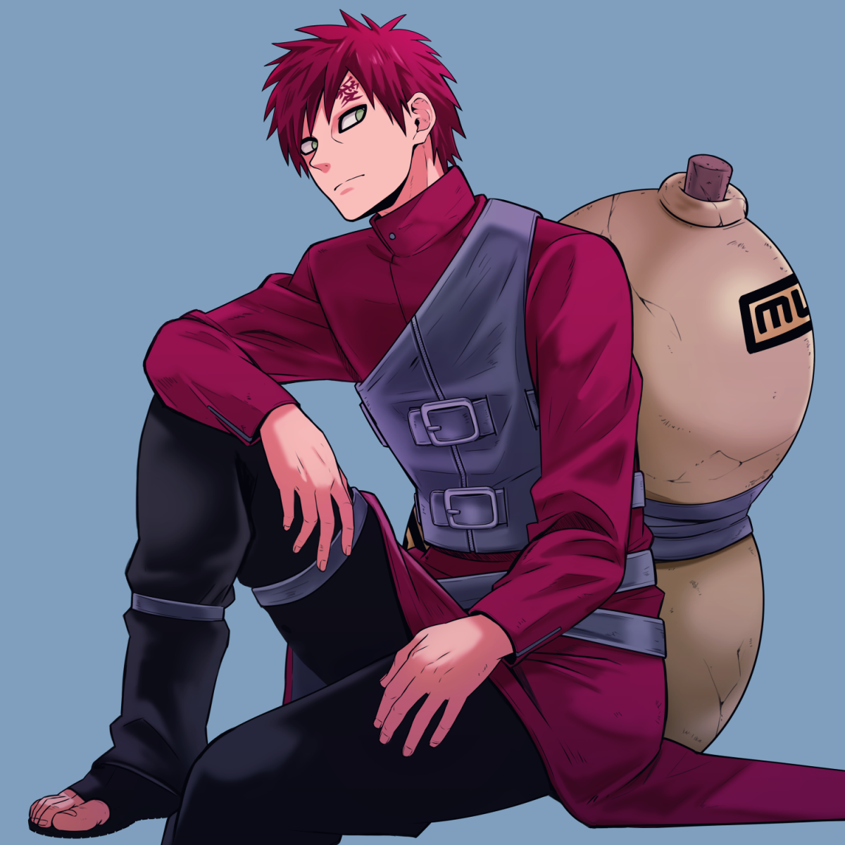 gaara (naruto), naruto (series), naruto shippuuden, highres, 1boy, black pants, blue background, closed mouth, forehead tattoo, gourd, green eyes, long sleeves, looking to the side, male focus, open-toe shoes, pants, red hair, red shirt, sameccor, shirt, short hair, solo, tattoo