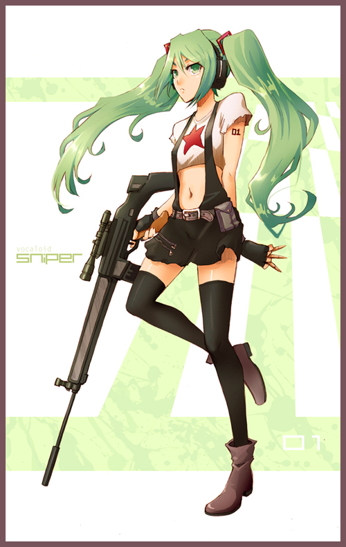 ochakai shin'ya, hatsune miku, vocaloid, bad id, bad pixiv id, green eyes, green hair, gun, headset, legs, midriff, navel, rifle, scope, sniper rifle, solo, suspenders, thighhighs, twintails, weapon