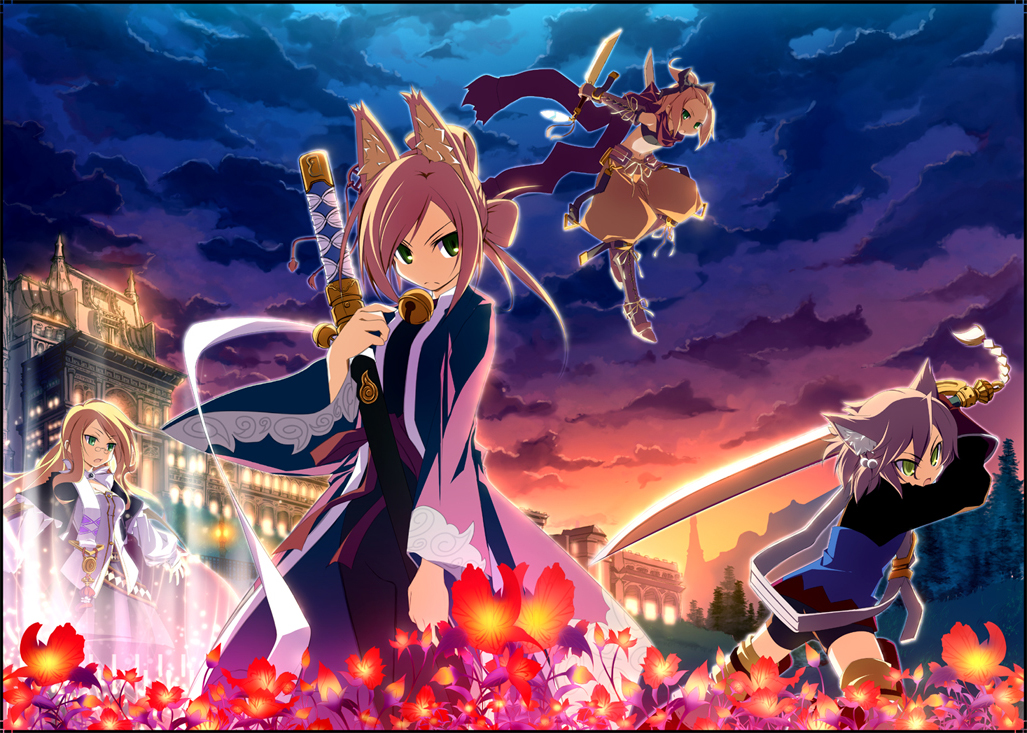 matsuyama nozomu, fighter (7th dragon), harukara (7th dragon), hatch (7th dragon), mage (7th dragon), namuna (7th dragon), rogue (7th dragon), samurai (7th dragon), vanessa (7th dragon), 7th dragon, 7th dragon (series), bad id, bad pixiv id, 4girls, animal ears, bell, blonde hair, cape, cat ears, floro (7th dragon), flower, forehead, fox ears, glasses, green eyes, high ponytail, multiple girls, ponytail, purple hair, sword, weapon