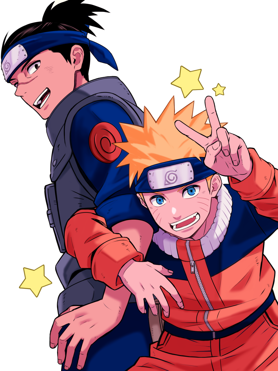 umino iruka, uzumaki naruto, naruto (classic), naruto (series), highres, 2boys, :d, black hair, blonde hair, blue eyes, facial mark, flak jacket, forehead protector, jacket, konohagakure symbol, long sleeves, looking at viewer, male focus, multiple boys, open mouth, orange jacket, orange pants, pants, sameccor, scar, scar on face, scar on nose, short hair, smile, spiked hair, star (symbol), teeth, v, whisker markings, white background, zipper, zipper pull tab