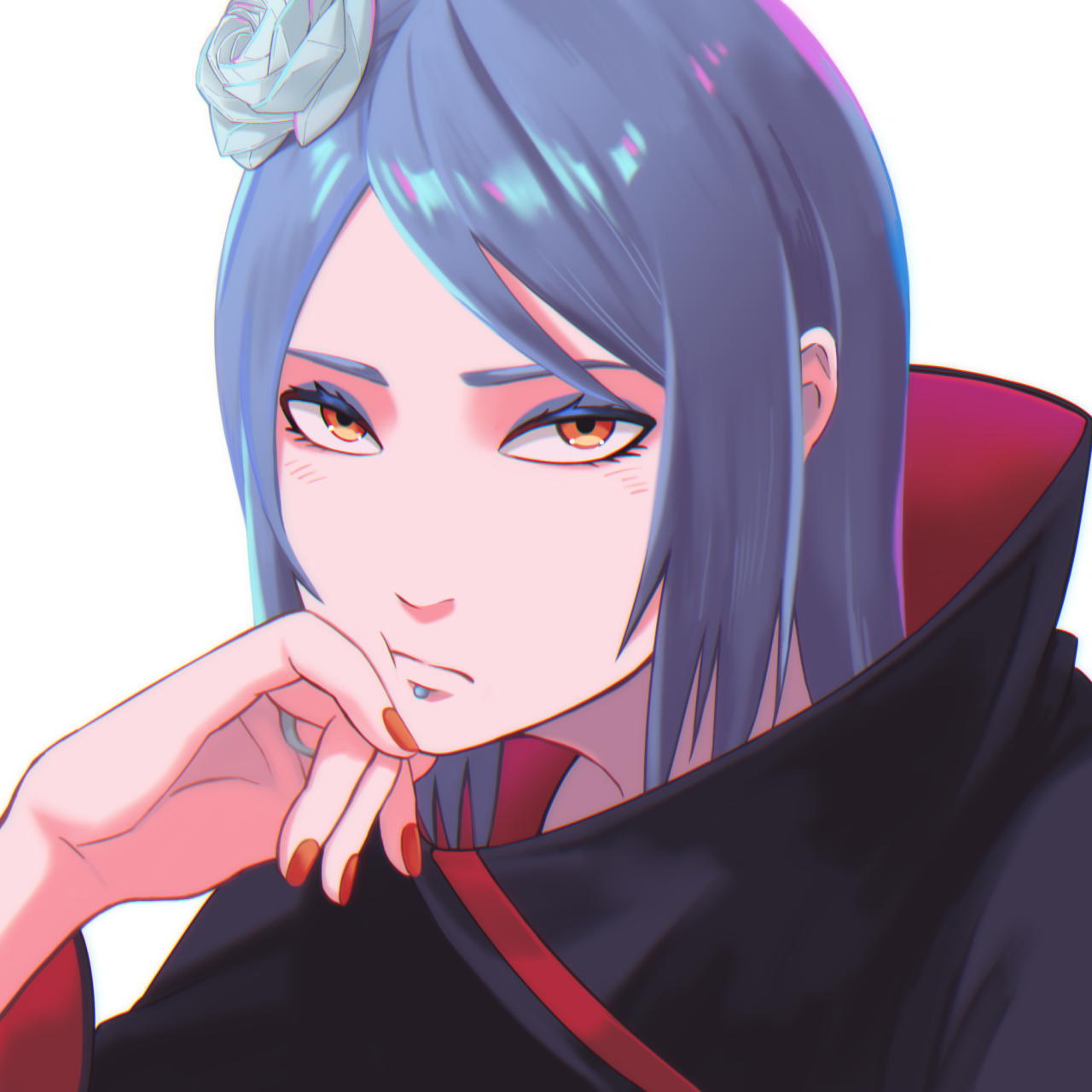 konan (naruto), naruto (series), naruto shippuuden, commentary request, highres, 1girl, akatsuki uniform, black coat, blue eyeliner, blue hair, blush, closed mouth, coat, eyelashes, eyeliner, flower, hair flower, hair ornament, long sleeves, looking at viewer, makeup, orange eyes, piercing, red nails, sameccor, solo, upper body, white background