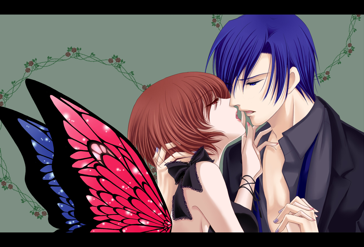 tonyo (milky crown), kaito (vocaloid), meiko (vocaloid), magnet (vocaloid), vocaloid, 1boy, 1girl, asymmetrical wings, blue eyes, blue hair, brown eyes, brown hair, butterfly wings, couple, hetero, holding hands, insect wings, lipstick, makeup, nail polish, pink nails, purple nails, short hair, wings