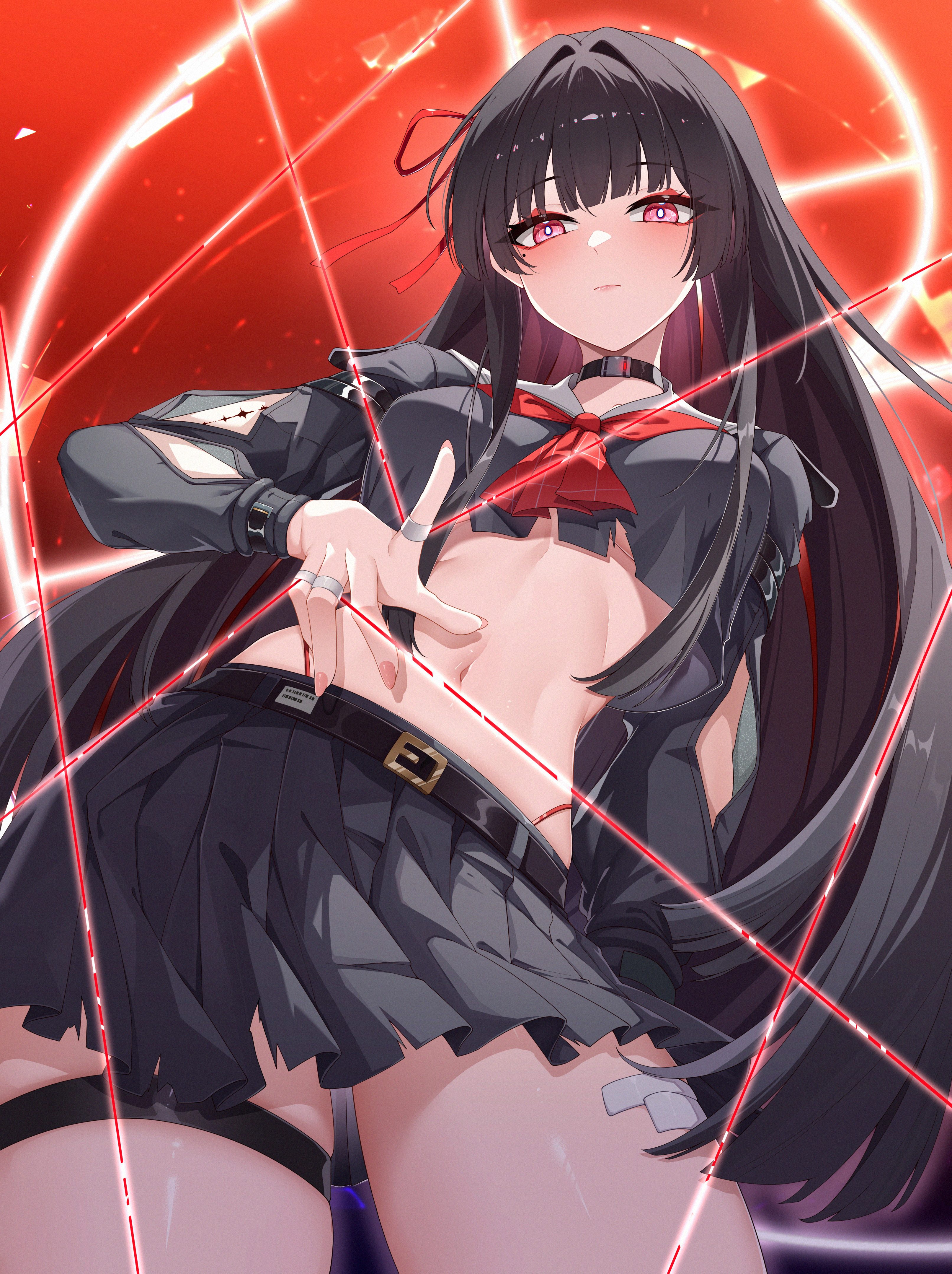 maozi tutu, chisa (wuthering waves), wuthering waves, absurdres, chinese commentary, commentary request, highres, paid reward available, partial commentary, 1girl, arm cutout, black choker, black hair, black serafuku, black skirt, blush, breasts, choker, closed mouth, clothing cutout, crop top, fingernails, hair ribbon, long hair, long sleeves, looking at viewer, medium breasts, mole, mole under eye, navel, neckerchief, red eyes, red neckerchief, red ribbon, ribbon, sailor collar, school uniform, serafuku, skirt, solo, stomach, tacet mark (wuthering waves), thigh strap, thighs, very long hair, white sailor collar
