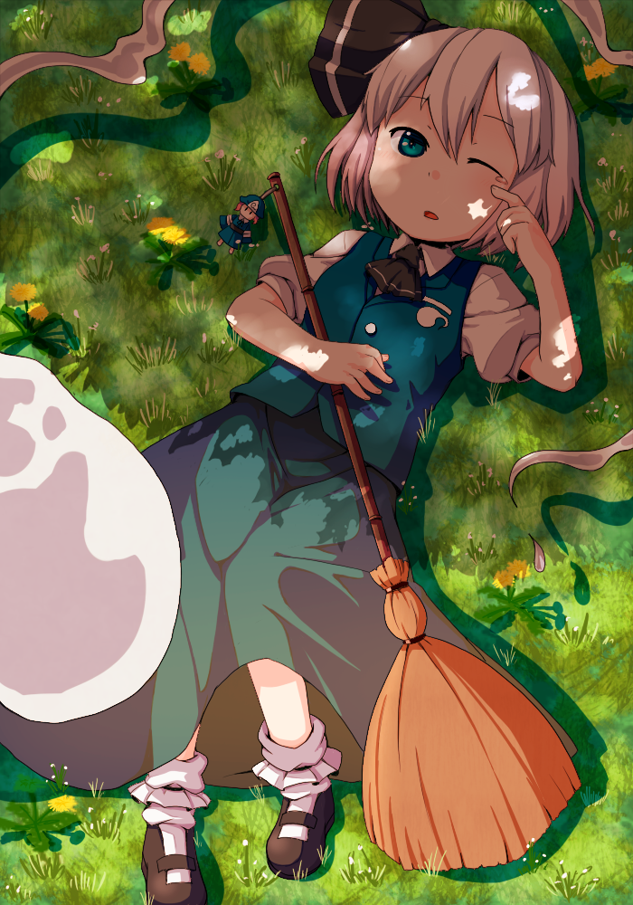 muku (muku-coffee), konpaku youmu, konpaku youmu (ghost), saigyouji yuyuko, touhou, silver hair, 1girl, aged down, bamboo broom, blue eyes, broom, cameo, character doll, charm (object), dappled sunlight, doll, female focus, ghost, hairband, lying, mary janes, one eye closed, shade, shoes, short hair, sleepy, solo, sunlight, tears, wink