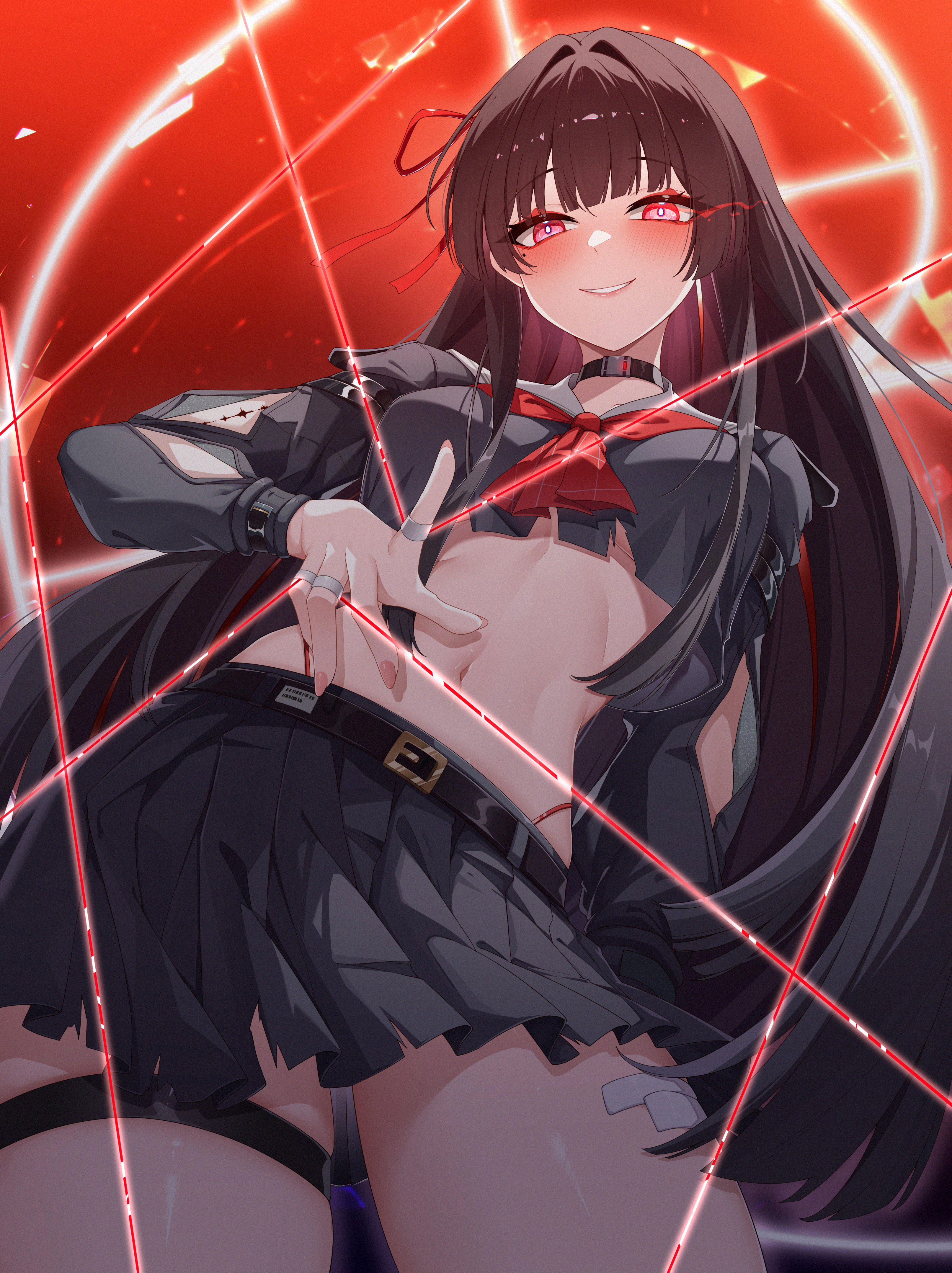 maozi tutu, chisa (wuthering waves), wuthering waves, absurdres, chinese commentary, commentary request, highres, paid reward available, partial commentary, 1girl, arm cutout, black choker, black hair, black serafuku, black skirt, blush, breasts, choker, clothing cutout, crop top, fingernails, hair ribbon, long hair, long sleeves, looking at viewer, medium breasts, mole, mole under eye, navel, neckerchief, parted lips, red eyes, red neckerchief, red ribbon, ribbon, sailor collar, school uniform, serafuku, skirt, smile, solo, stomach, tacet mark (wuthering waves), thigh strap, thighs, very long hair, white sailor collar