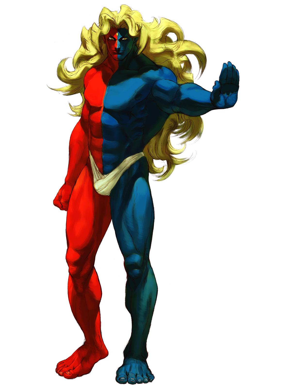 ikeno daigo, gill (street fighter), capcom, street fighter, street fighter iii (series), highres, official art, 1boy, abs, barefoot, blonde hair, blue skin, clenched hand, colored skin, feet, forehead jewel, full body, loincloth, long hair, looking at viewer, male focus, muscular, outstretched arm, red skin, simple background, solo, standing, toes, topless male, wavy hair, white background, yellow eyes