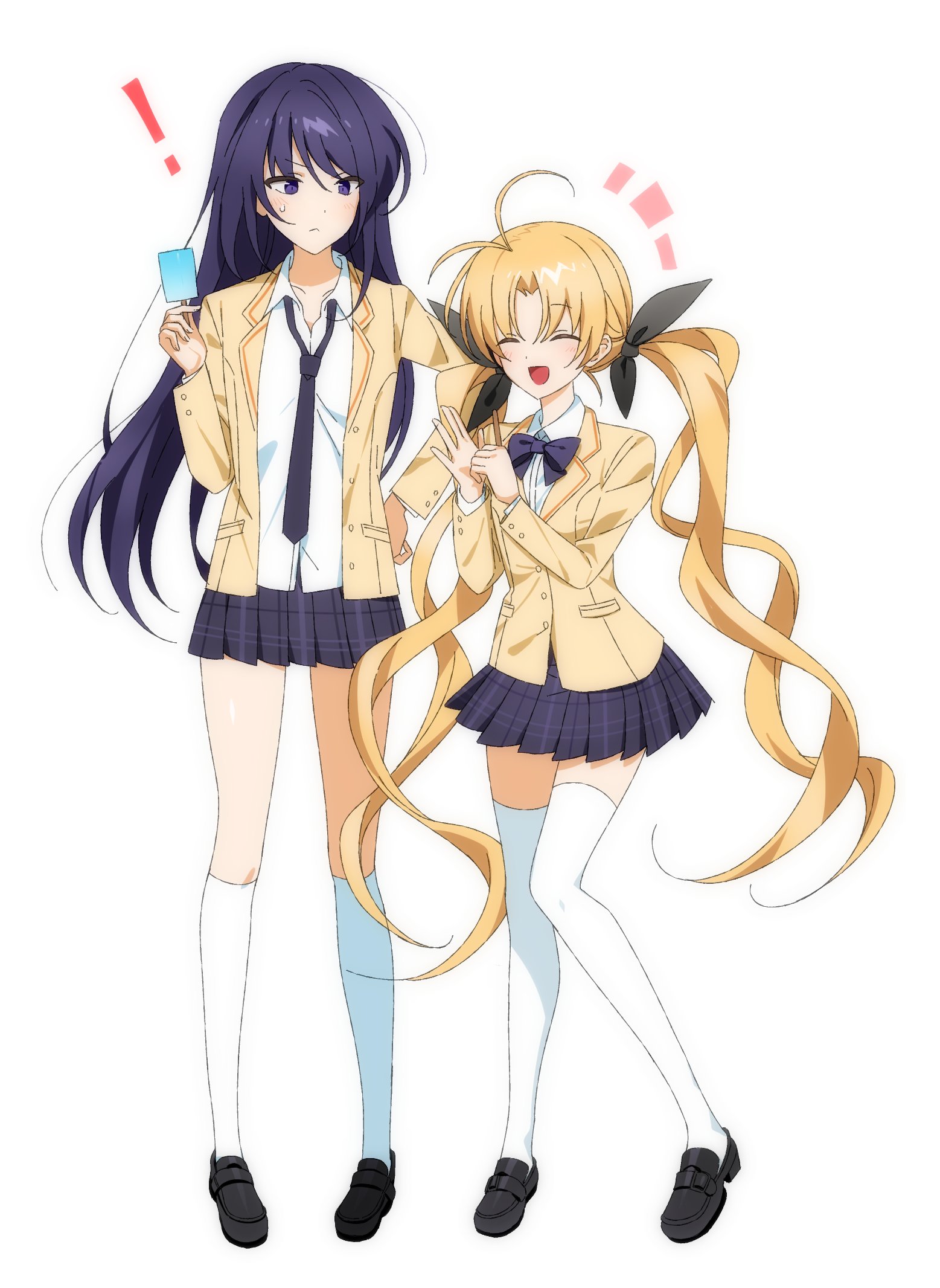 aoi sena, orihara kozue, chaos;head, science adventure, highres, 2girls, alion 9715, alternate color, antenna hair, black shoes, blonde hair, bow, bowtie, brown jacket, closed eyes, closed mouth, dress shirt, food, full body, holding, holding food, holding popsicle, jacket, kneehighs, loafers, long hair, long sleeves, looking at another, multiple girls, necktie, nervous sweating, open mouth, plaid bow, plaid bowtie, plaid clothes, plaid necktie, plaid skirt, pleated skirt, popsicle, purple bow, purple bowtie, purple eyes, purple hair, purple necktie, purple skirt, school uniform, shirt, shoes, simple background, skirt, socks, suimei academy school uniform, sweat, thighhighs, thighs, togue, tongue, twintails, very long hair, white background, white shirt, white socks, white thighhighs, zettai ryouiki