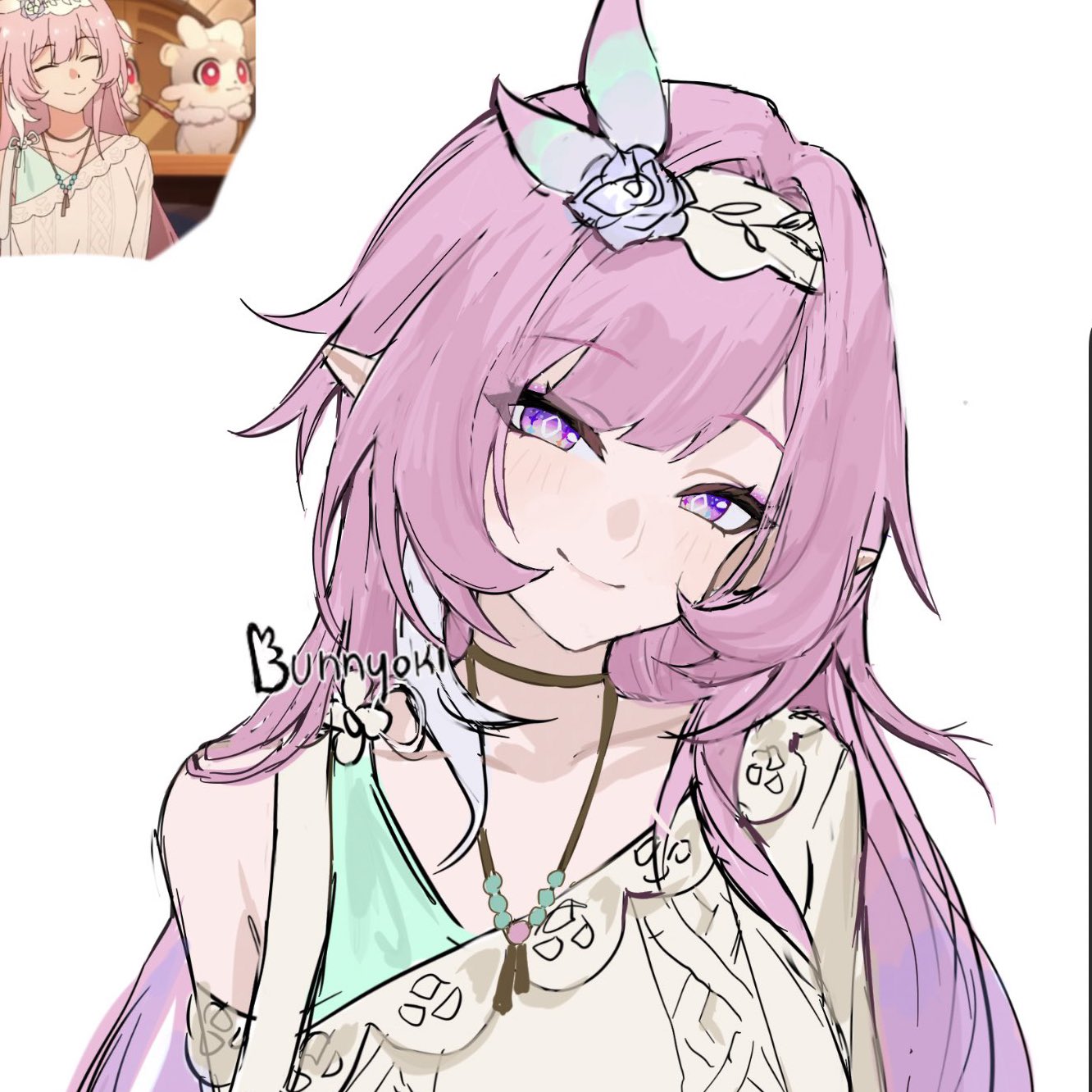 bunnyoki, cyrene (honkai: star rail), cyrene (ripples of past reverie) (honkai: star rail), honkai: star rail, honkai (series), commentary, english commentary, highres, 1girl, art program in frame, artist name, breasts, cyrene (chimerric park) (honkai: star rail), diamond-shaped pupils, diamond (shape), flower, hair flower, hair ornament, long hair, looking at viewer, medium breasts, multicolored hair, pink hair, pointy ears, purple eyes, reference inset, screenshot inset, shirt, simple background, smile, solo, symbol-shaped pupils, two-tone hair, upper body, very long hair, white background, white hair, white shirt