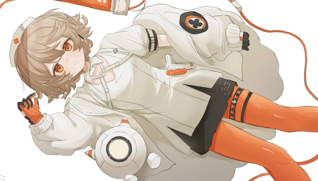 nurse robot type t, nurse robot type t (vocaloid6), utau, vocaloid, hashtag-only commentary, 1girl, arazan (ara arazan24), arm up, black skirt, braid, brown hair, cable, clothes pull, dutch angle, gloves, hat, headset, jacket, jacket pull, long sleeves, lying, nurse cap, on back, open clothes, open jacket, orange eyes, orange leggings, puffy long sleeves, puffy short sleeves, puffy sleeves, shirt, short hair, short sleeves, side braids, simple background, skirt, smile, solo, thigh strap, two-tone gloves, white background, white jacket, white shirt