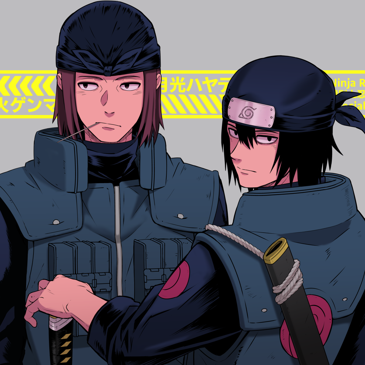 gekkou hayate, shiranui genma, naruto (classic), naruto (series), highres, 2boys, bandana, black eyes, black hair, brown eyes, brown hair, closed mouth, flak jacket, forehead protector, grey background, hair between eyes, jacket, konohagakure symbol, long sleeves, looking at viewer, male focus, multiple boys, sameccor, sheath, short hair, upper body