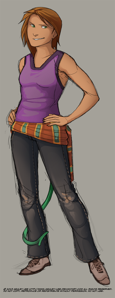 original, 1girl, clothes around waist, collarbone, dated, denim, english text, full body, greekceltic, green eyes, hands on own hips, jacky (greekceltic), jeans, medium hair, orange hair, pants, purple tank top, scarf, shoes, signature, simple background, smile, solo, tail, tank top