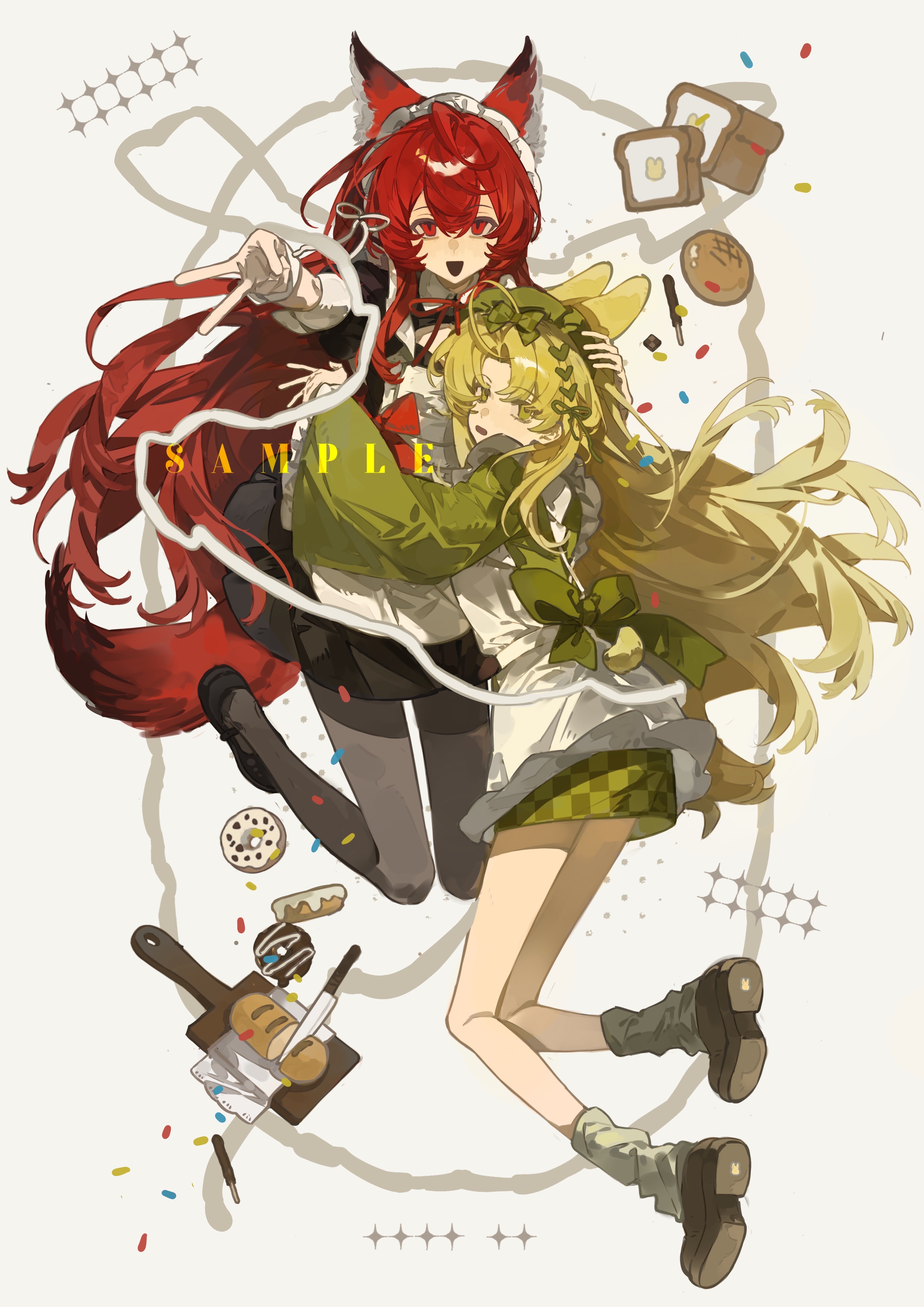 original, absurdres, highres, 2girls, animal ear fluff, animal ears, apron, argyle clothes, argyle dress, blonde hair, bow, dress, food, fox ears, fox tail, full body, green dress, hair between eyes, hair ornament, hug, jumping, long hair, long sleeves, looking at viewer, looking back, multiple girls, open mouth, pantyhose, puffy long sleeves, puffy sleeves, rabbit ears, rabbit tail, red eyes, red hair, shanchuanweishan, shoes, simple background, skirt, smile, socks, tail, white apron, yellow eyes