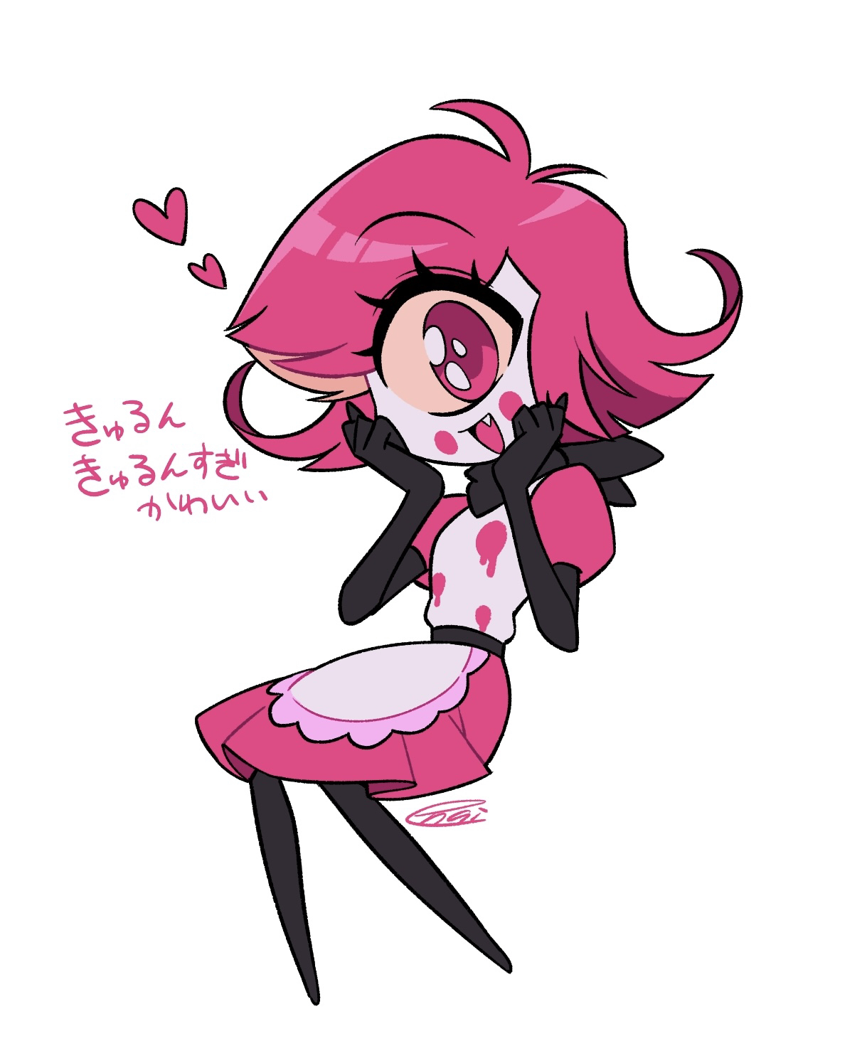 menma (enaic31), niffty (hazbin hotel), hazbin hotel, hellaverse, commentary request, highres, translation request, 1girl, :d, antenna hair, apron, belt, black belt, circle facial mark, clenched hands, colored sclera, colored skin, cyclops, dress, fang, fewer digits, flipped hair, frilled apron, frills, full body, hands on own cheeks, hands on own face, hands up, heart, invisible chair, looking at viewer, maid apron, medium dress, one-eyed, open mouth, pleated dress, puffy short sleeves, puffy sleeves, red dress, red eyes, red hair, short hair, short sleeves, signature, simple background, sitting, smile, solo, tongue, white apron, white background, white skin, yellow sclera