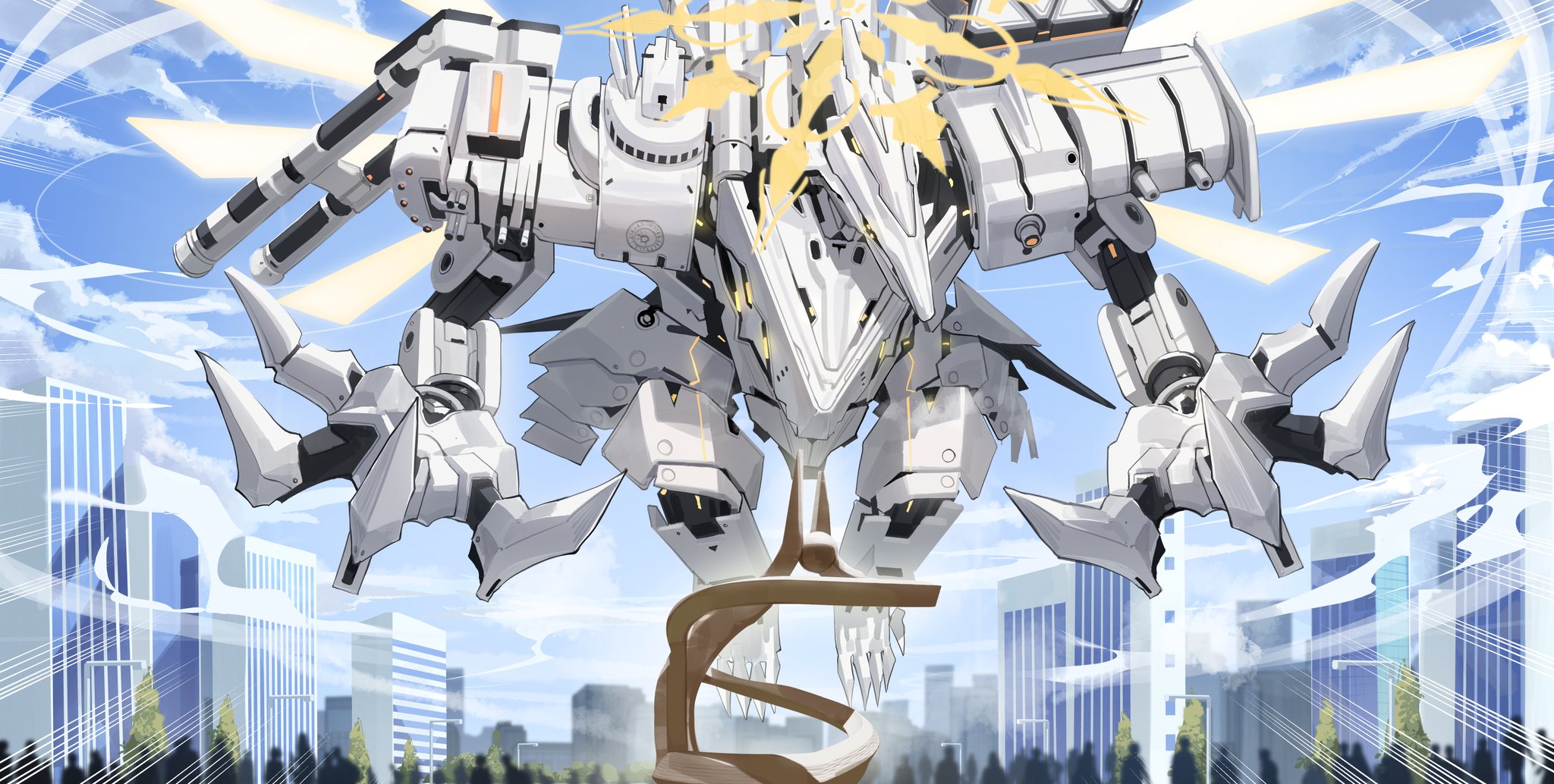 kokukyukeo, blue archive, highres, blue sky, chokmah (blue archive), cityscape, claws, cloud, geburah (blue archive), gun, halo, machine gun, mecha, missile pod, no humans, outdoors, robot, shoulder cannon, sky, tree, weapon, wind