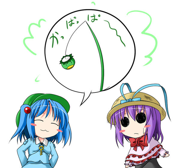 ichimi, kawashiro nitori, nagae iku, touhou, 2girls, blush stickers, female focus, fishing rod, hat, kappa, multiple girls, skirt, two side up, white background