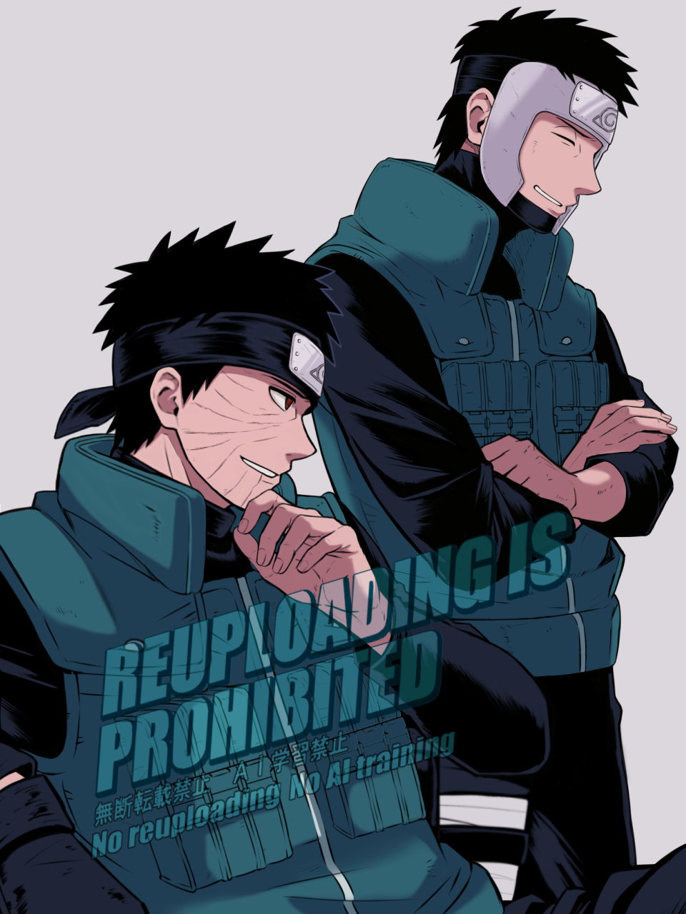 uchiha obito, yamato (naruto), naruto (series), naruto shippuuden, highres, 2boys, black hair, black shirt, closed mouth, crossed arms, flak jacket, forehead protector, from side, jacket, konohagakure symbol, long sleeves, male focus, multiple boys, red eyes, sameccor, sharingan, shirt, short hair, smile
