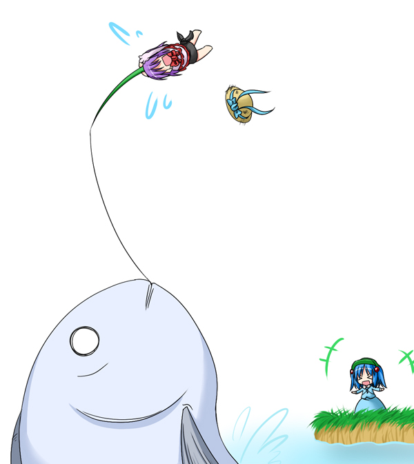 ichimi, kawashiro nitori, nagae iku, touhou, > <, 2girls, animal, chibi, closed eyes, female focus, fish, fishing rod, hat, multiple girls, oversized animal, simple background, two side up, unworn hat, unworn headwear