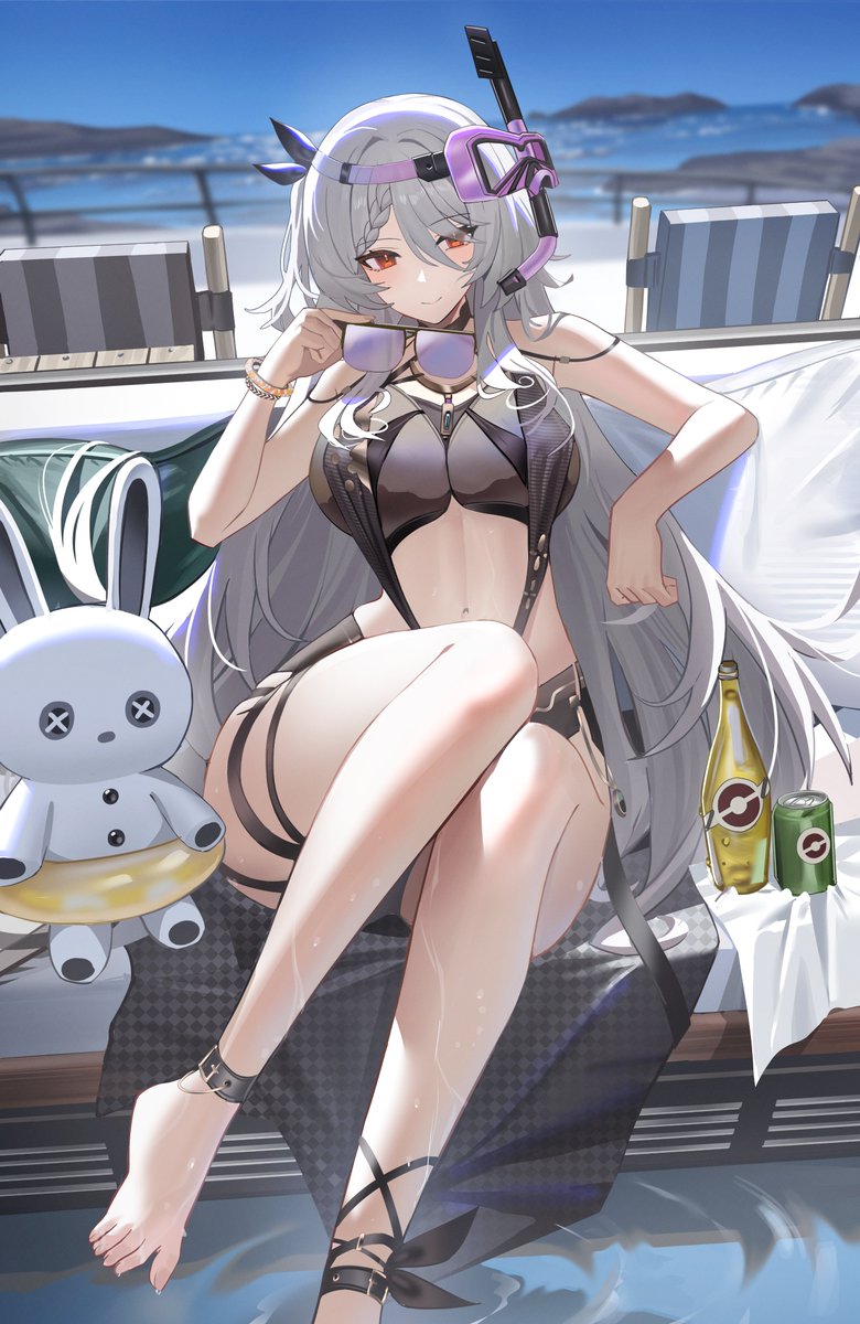 jeze, nerida morozova, snowbreak: containment zone, hashtag-only commentary, highres, 1girl, bare arms, barefoot, bikini, black bikini, black slingshot swimsuit, bracelet, breasts, closed mouth, diving mask, diving mask on head, foot out of frame, goggles, goggles on head, grey hair, hair over one eye, holding, holding removed eyewear, jewelry, large breasts, legs, light smile, looking at viewer, navel, nerida – styx envoy, nerida – styx envoy (sunspray surge), official alternate costume, outdoors, red eyes, sitting, slingshot swimsuit, stuffed animal, stuffed rabbit, stuffed toy, swimsuit, thighs, unworn eyewear, wet, wide hips
