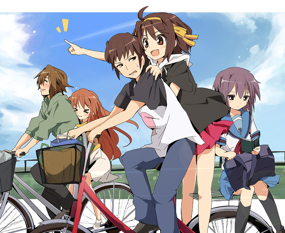 ixy, asahina mikuru, koizumi itsuki, kyon, nagato yuki, suzumiya haruhi, suzumiya haruhi no yuuutsu, silver hair, > <, 00s, 2boys, 3girls, :d, ahoge, arms around waist, bag, bare legs, bicycle, black socks, blonde hair, blue skirt, blue sky, blush, book, brown eyes, brown hair, casual, closed eyes, cloud, day, hair ribbon, hairband, hand on another's shoulder, holding, holding book, hood, hood down, hoodie, hug, hug from behind, kneehighs, long hair, multiple boys, multiple girls, multiple riders, neckerchief, open book, open mouth, outdoors, outstretched arm, pants, pointing, reading, red skirt, ribbon, riding, school bag, school uniform, serafuku, shirt, short hair, sidesaddle, skirt, sky, smile, socks, sweatdrop, t-shirt
