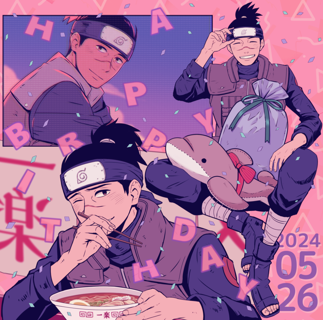 umino iruka, naruto (classic), naruto (series), 1boy, black hair, black pants, black shirt, chopsticks, closed eyes, closed mouth, confetti, dated, flak jacket, food, forehead protector, happy birthday, holding, holding chopsticks, jacket, konohagakure symbol, long sleeves, looking at viewer, male focus, multiple views, noodles, one eye closed, pants, ramen, sameccor, scar, scar on face, scar on nose, shirt, smile, stuffed animal, stuffed dolphin, stuffed toy, teeth