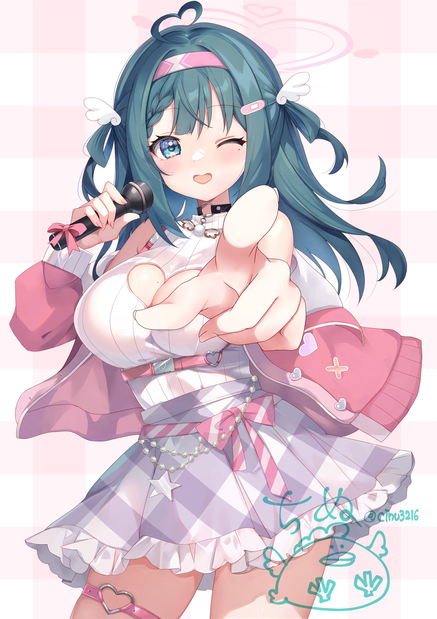 cinu, amano nene (tenshi) (vtuber), amano nene (vtuber), indie virtual youtuber, highres, 1girl, ahoge, bare shoulders, belt, black choker, blue eyes, braid, breasts, choker, cleavage, cleavage cutout, clothing cutout, cowboy shot, frilled skirt, frills, green hair, grey skirt, hair rings, hairband, halo, heart, heart ahoge, heart cutout, heart o-ring, holding, holding microphone, jacket, large breasts, long hair, looking at viewer, microphone, miniskirt, mole, mole on breast, mole under eye, o-ring, off shoulder, one eye closed, open clothes, open jacket, open mouth, pink jacket, plaid clothes, plaid skirt, pointing, pointing at viewer, ribbed shirt, shirt, shirt tucked in, skirt, sleeveless, sleeveless shirt, smile, solo, thigh strap, two side up, virtual youtuber, white shirt
