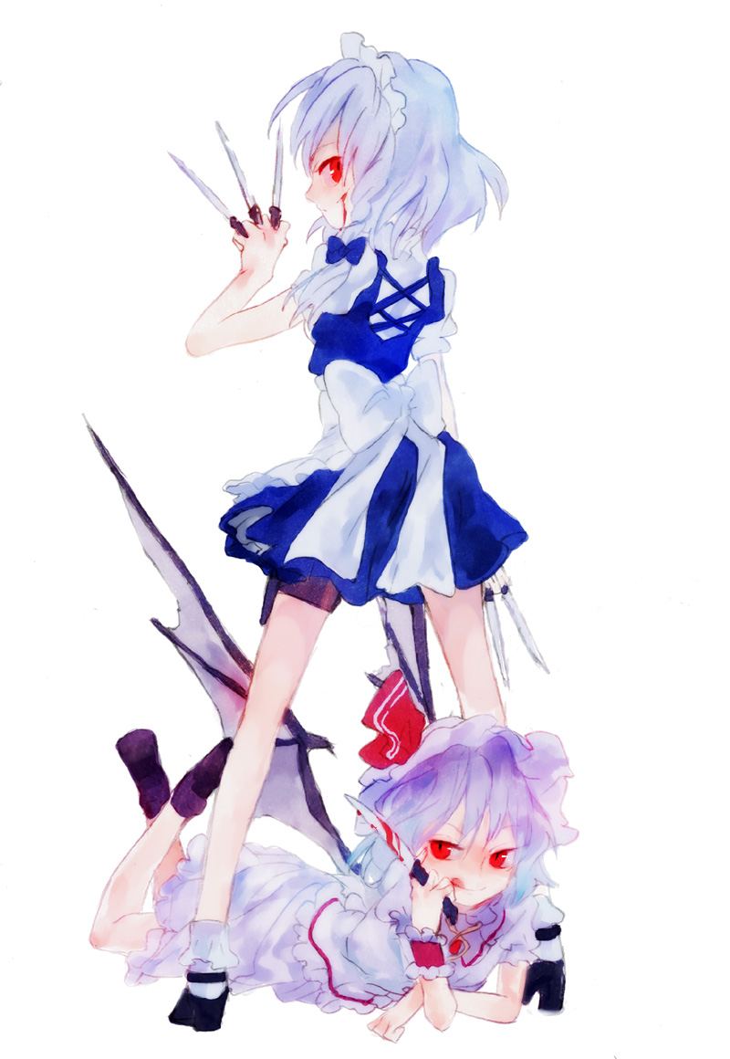 kazune (baumkuchen), izayoi sakuya, remilia scarlet, embodiment of scarlet devil, touhou, bad id, bad pixiv id, 2girls, :d, blood, dress, female focus, from behind, hat, knife, looking back, lying, maid, multiple girls, on stomach, open mouth, red eyes, short hair, smile, socks, standing, tongue, wings