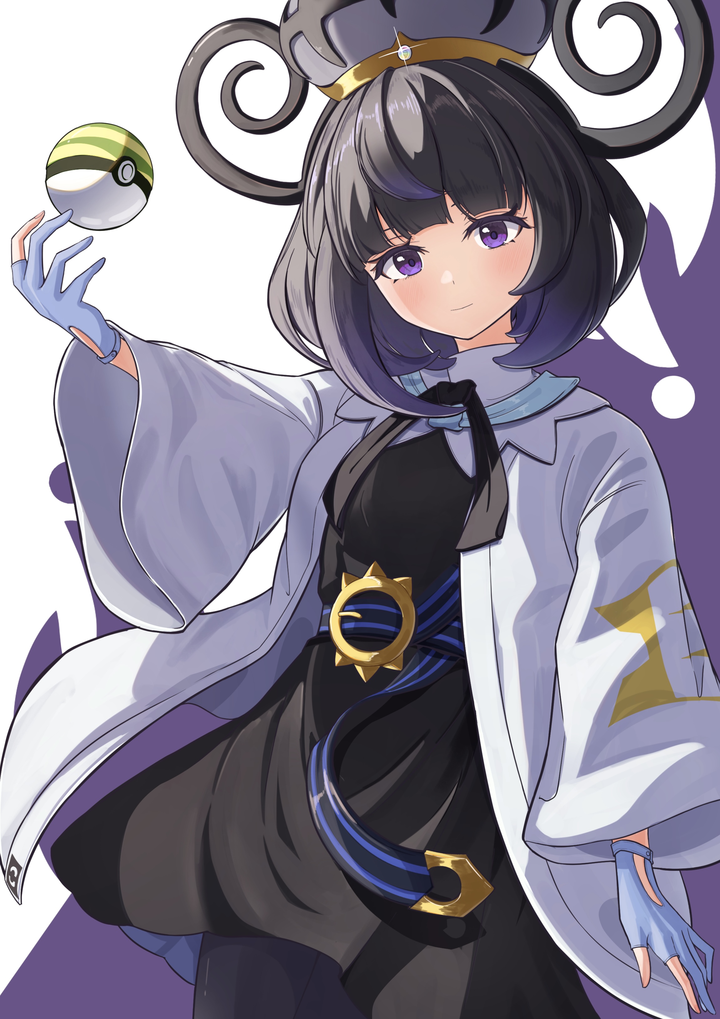 sayu (user yjsz2885), gwynn (pokemon), nintendo, pokemon, pokemon legends: z-a, absurdres, highres, 1girl, belt, belt buckle, black dress, black hair, black pantyhose, blue gloves, bob cut, buckle, closed mouth, coat, dress, gloves, gradient hair, hat, long sleeves, looking at viewer, mega stone, multicolored hair, nest ball, o-ring, o-ring belt, open clothes, open coat, pantyhose, partially fingerless gloves, poke ball, purple background, purple eyes, purple hair, short hair, smile, solo, two-tone background, white background, white coat, wide sleeves