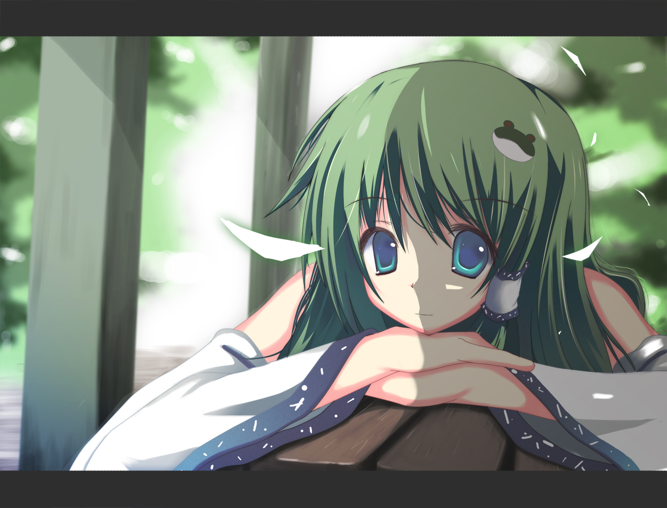 yuzuhara902, kochiya sanae, touhou, 1girl, bare shoulders, blue eyes, detached sleeves, female focus, frog, green hair, hair ornament, letterboxed, long hair, shadow, solo