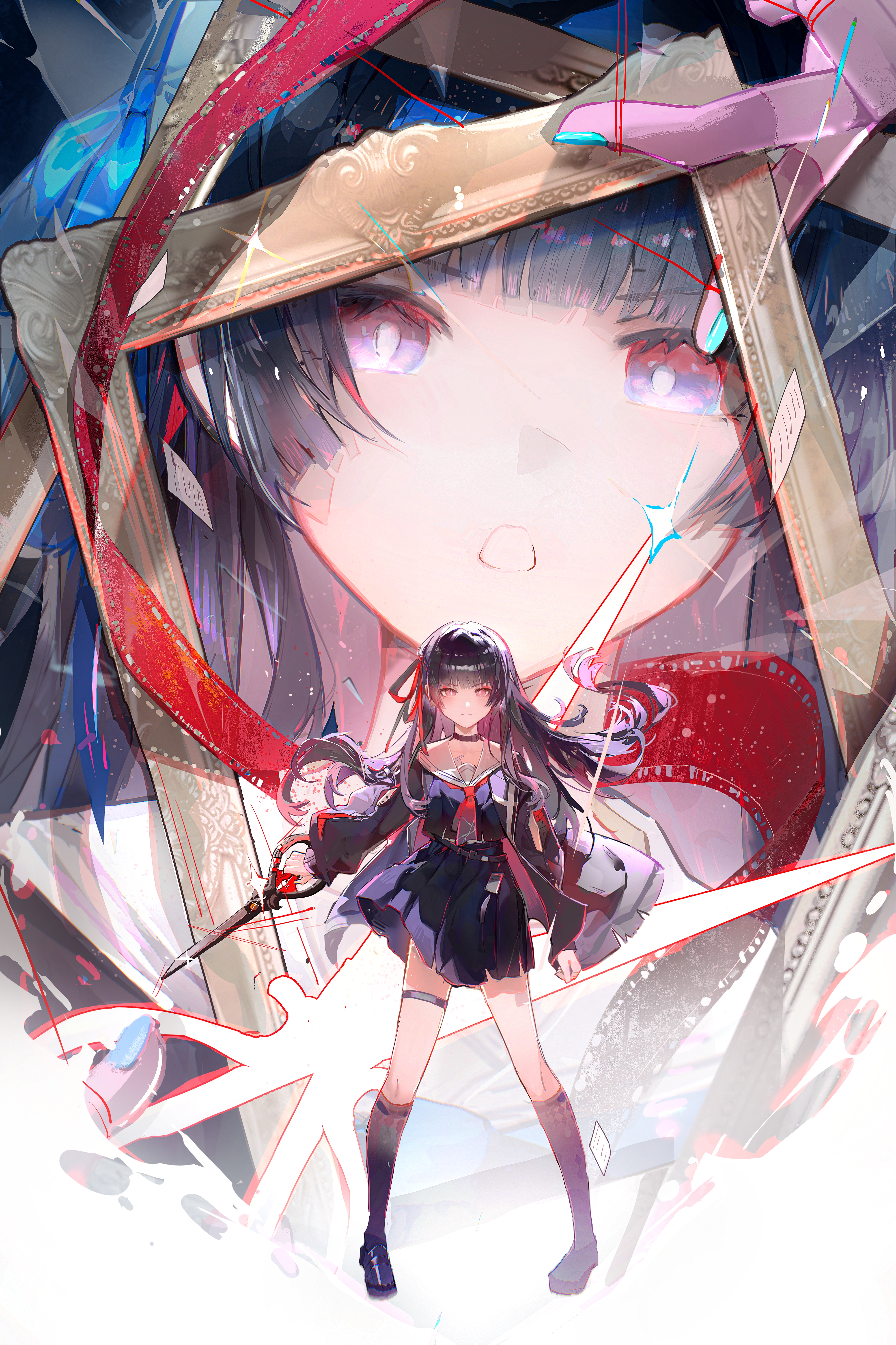 cha zhi (dmrm7487), chisa (wuthering waves), wuthering waves, absurdres, highres, 1girl, arm cutout, black choker, black hair, black jacket, black serafuku, black shirt, black shoes, black skirt, black socks, blue eyes, blue nails, blue ribbon, blunt bangs, choker, clothing cutout, dark persona, dual persona, film reel, fingernails, hair ribbon, holding, holding scissors, jacket, long hair, long sleeves, looking at viewer, multiple views, neckerchief, open mouth, paper, red eyes, red neckerchief, red ribbon, ribbon, sailor collar, school uniform, scissors, serafuku, shirt, shoes, skirt, socks, solo, thigh strap, thighs, white sailor collar