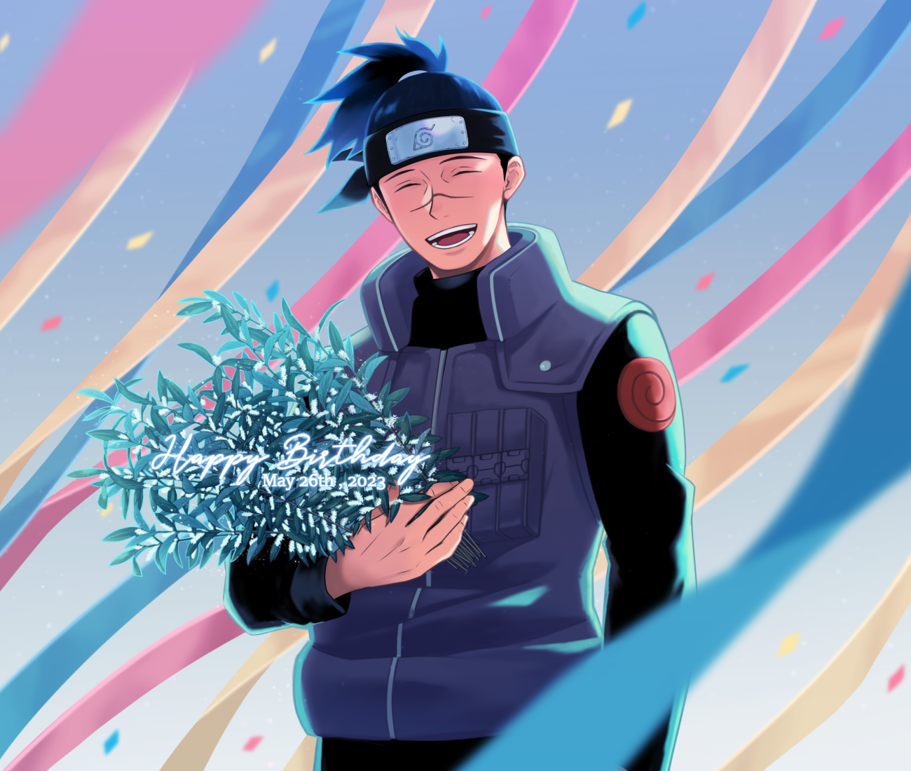 umino iruka, naruto (classic), naruto (series), 1boy, black shirt, closed eyes, dated, facing viewer, flak jacket, flower, forehead protector, happy birthday, holding, holding flower, jacket, konohagakure symbol, long sleeves, male focus, open mouth, ponytail, sameccor, scar, scar on face, scar on nose, shirt, short hair, short ponytail, solo, teeth