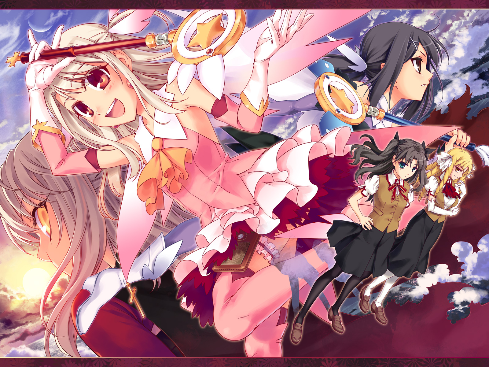hiroyama hiroshi, chloe von einzbern, chloe von einzbern (archer install), illyasviel von einzbern, kaleidostick, luviagelita edelfelt, magical sapphire, miyu edelfelt, miyu edelfelt (magical girl), prisma illya, tohsaka rin, fate/kaleid liner prisma illya, fate/stay night, fate (series), baton, highres, 00s, 5girls, :d, black hair, blonde hair, boots, brown eyes, cloud, crescent moon, drill hair, dual persona, feather hair ornament, feathers, green eyes, hair ornament, happy, homurabara academy school uniform, letterboxed, magical girl, moon, multiple girls, open mouth, pink boots, red eyes, school uniform, smile, sun, yellow eyes