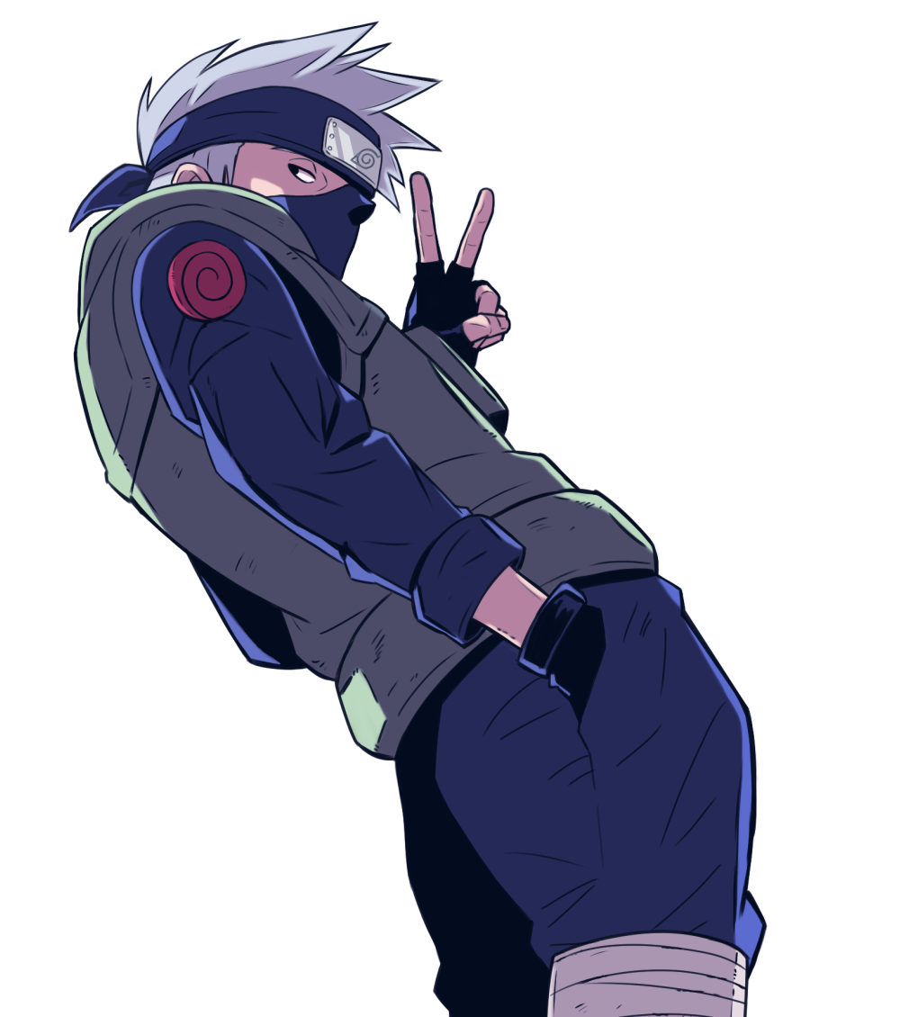 hatake kakashi, naruto (classic), naruto (series), 1boy, black eyes, black gloves, black pants, black shirt, fingerless gloves, flak jacket, forehead protector, from side, gloves, grey hair, hand in pocket, jacket, konohagakure symbol, long sleeves, looking at viewer, male focus, pants, sameccor, shirt, short hair, solo, v, white background