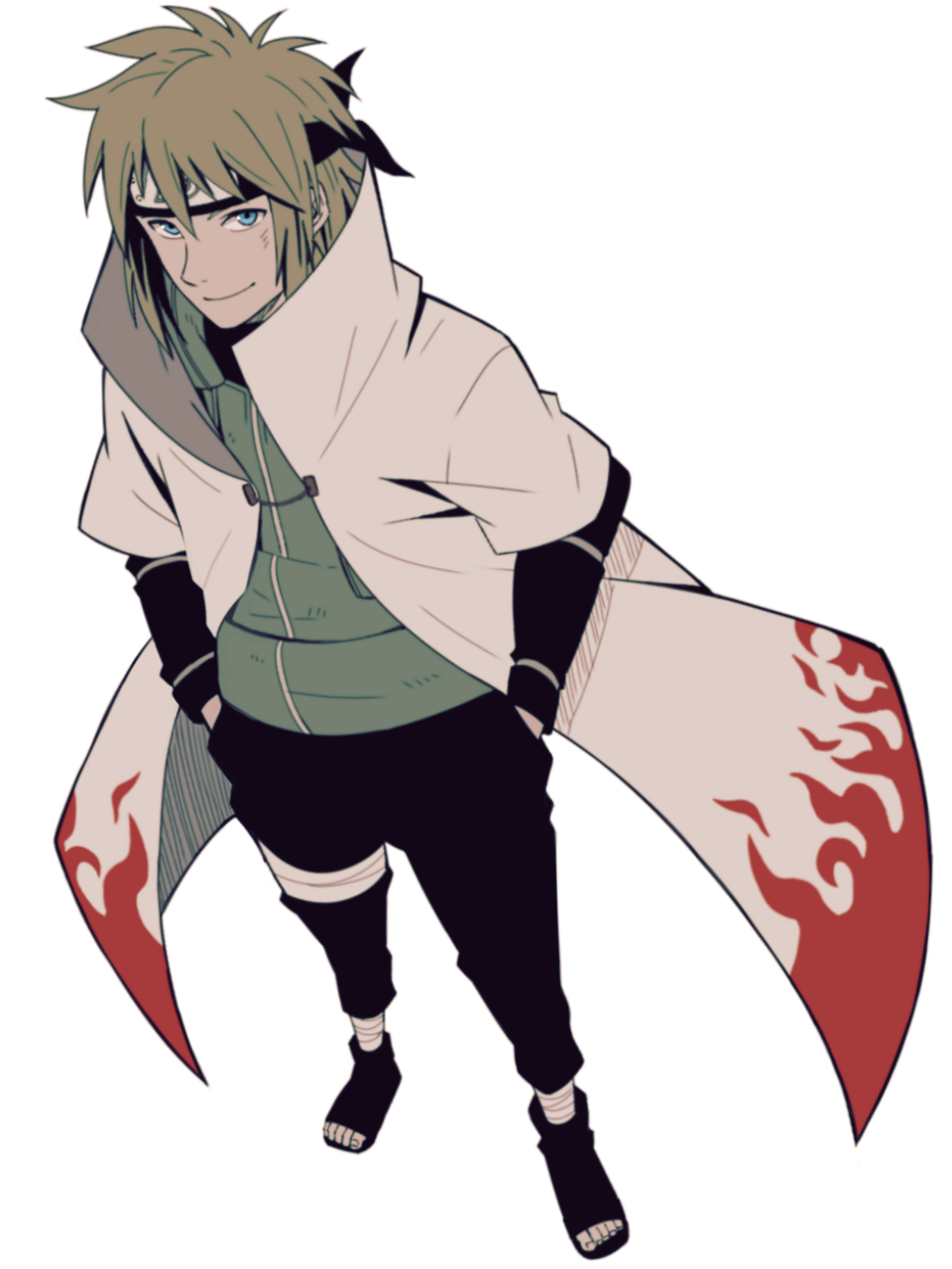 namikaze minato, naruto (series), highres, 1boy, black pants, black shirt, blonde hair, blue eyes, closed mouth, coat, flak jacket, forehead protector, full body, hair between eyes, hands in pockets, jacket, looking at viewer, male focus, open-toe shoes, pants, sameccor, shirt, short hair, smile, solo, standing, white background, white coat
