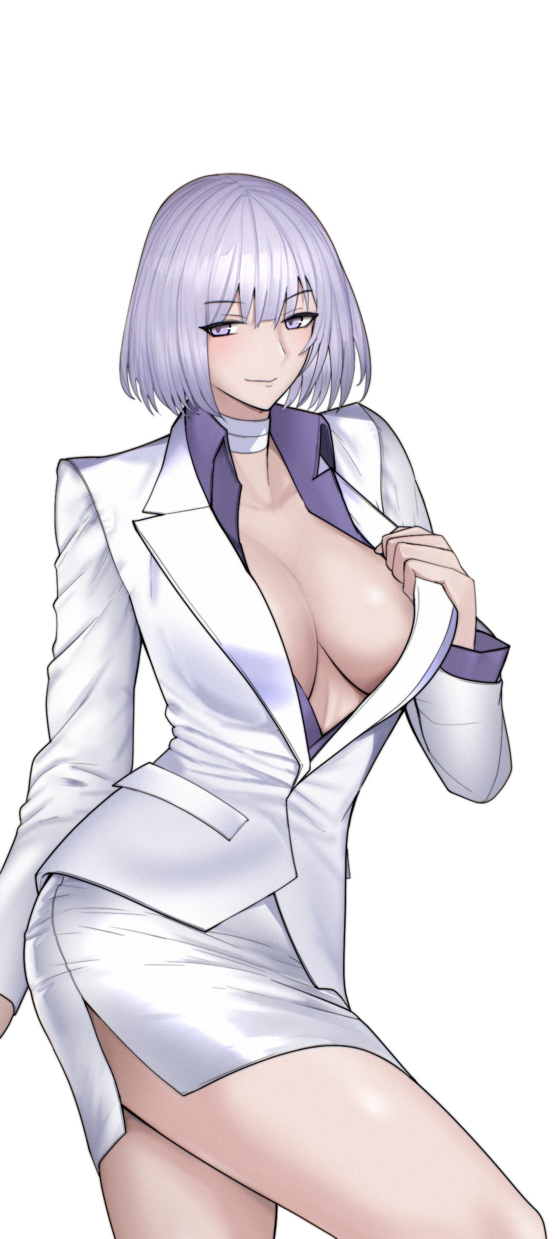 swavigg, rpk-16 (girls' frontline), rpk-16 (renate) (girls' frontline), girls' frontline, absurdres, highres, 1girl, alternate costume, breasts, choker, collarbone, collared shirt, formal clothes, jacket, large breasts, official alternate costume, plunging neckline, purple eyes, purple shirt, shirt, short hair, simple background, skirt, solo, suit, suit jacket, thighs, white background, white choker, white hair, white skirt, white suit