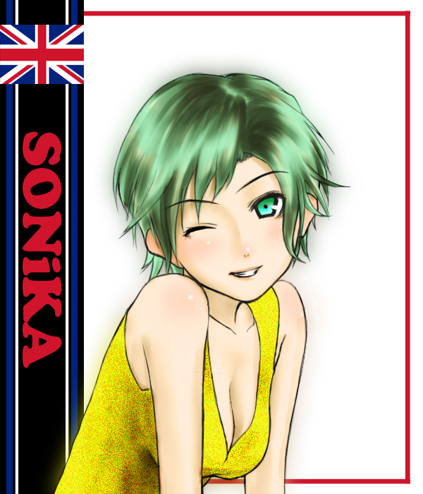 eg (1con), sonika, vocaloid, commentary request, 1girl, breasts, character name, cleavage, green eyes, green hair, grin, looking at viewer, one eye closed, plunging neckline, shirt, short hair, sleeveless, sleeveless shirt, smile, solo, upper body