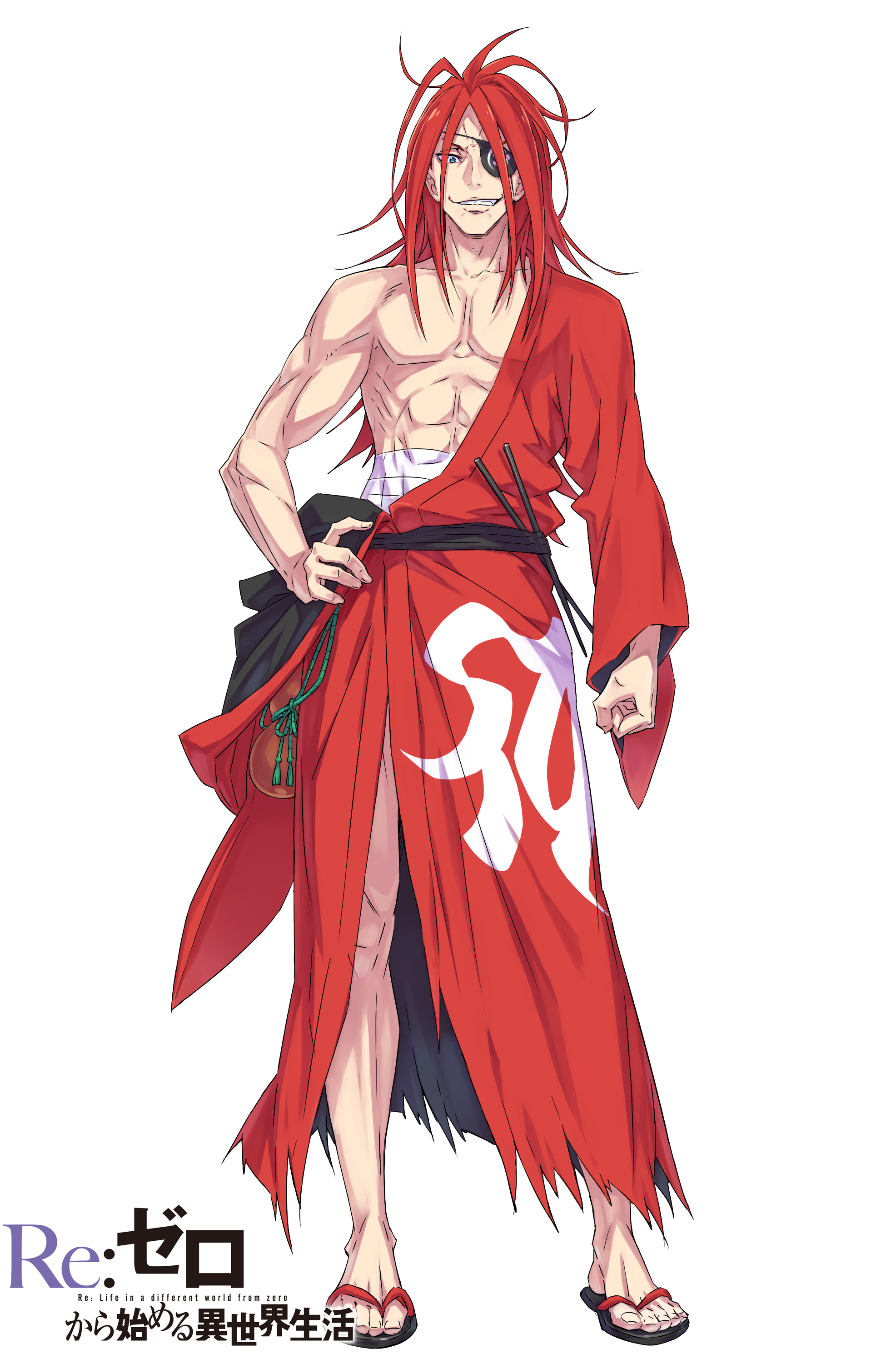 ootsuka shin'ichirou, reid astrea, re:zero kara hajimeru isekai seikatsu, absurdres, commentary request, highres, official art, abs, ahoge, bare shoulders, biceps, black sandals, black sash, blue eyes, chopsticks, clenched hand, clenched teeth, collarbone, copyright name, eyepatch, full body, gourd, hand on own hip, holding, holding gourd, japanese clothes, kimono, large pectorals, long hair, long sidelocks, long sleeves, looking at viewer, midriff sarashi, muscular, muscular male, pectorals, red hair, red kimono, sandals, sarashi, sash, sidelocks, simple background, smile, solo, standing, tachi-e, teeth, title, torn clothes, torn kimono, tsurime, v-shaped eyebrows, white background, wide sleeves, yukata, zouri