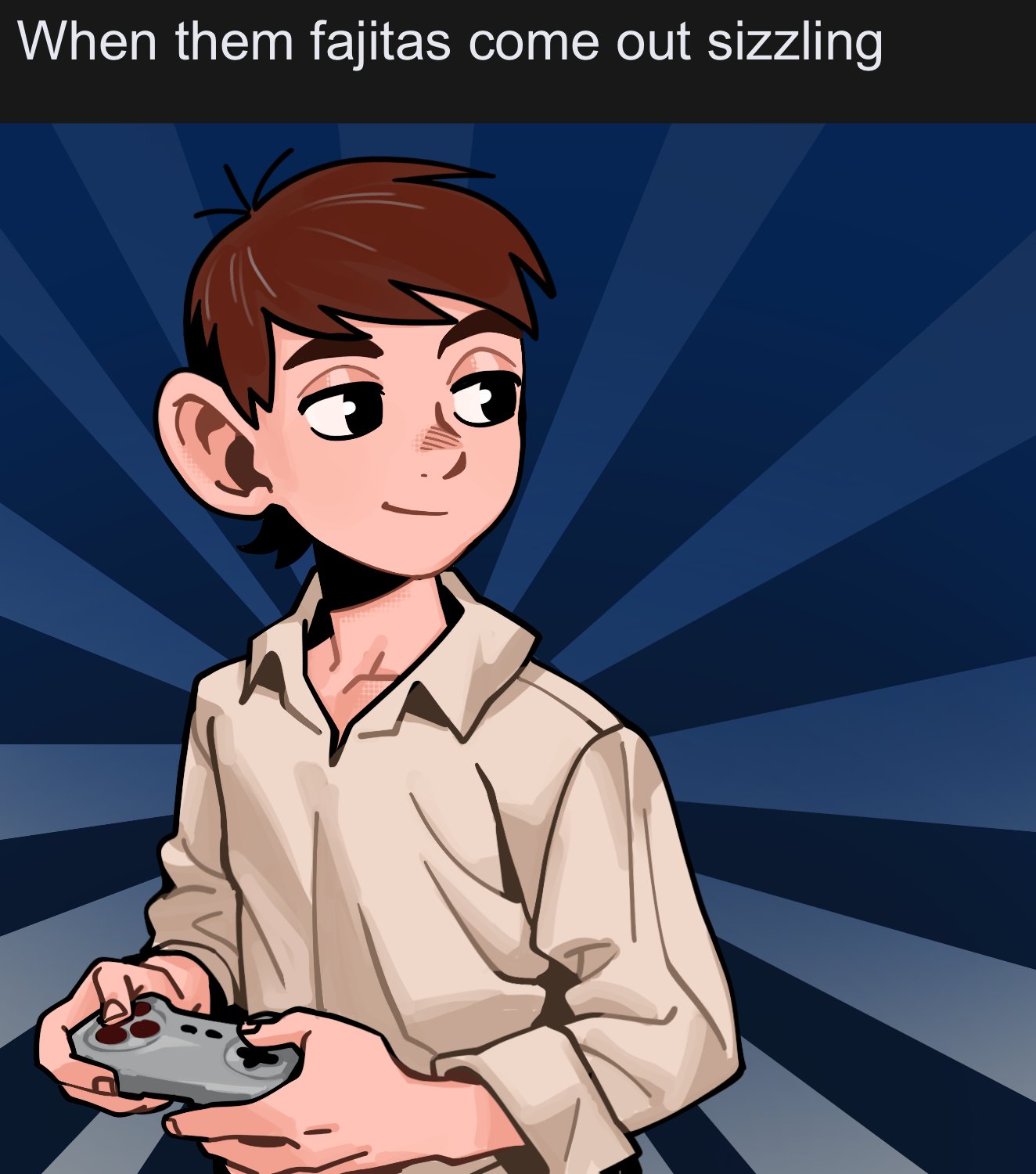 aatom87, chilchuck tims, dungeon meshi, commentary, highres, 1boy, black eyes, brown hair, brown shirt, controller, english text, game controller, holding, holding controller, holding game controller, male focus, shirt, smile, solo, upper body