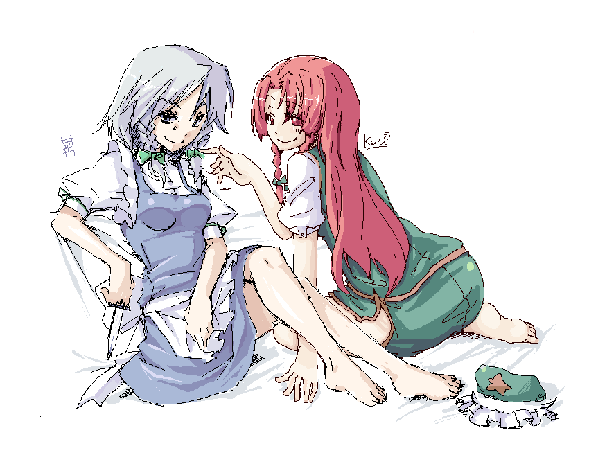 hirase yuu, ko->u, hong meiling, izayoi sakuya, embodiment of scarlet devil, touhou, silver hair, artist collaboration, 2girls, barefoot, feet, female focus, hat, multiple girls, oekaki, red hair, short hair, smile, unworn hat, unworn headwear