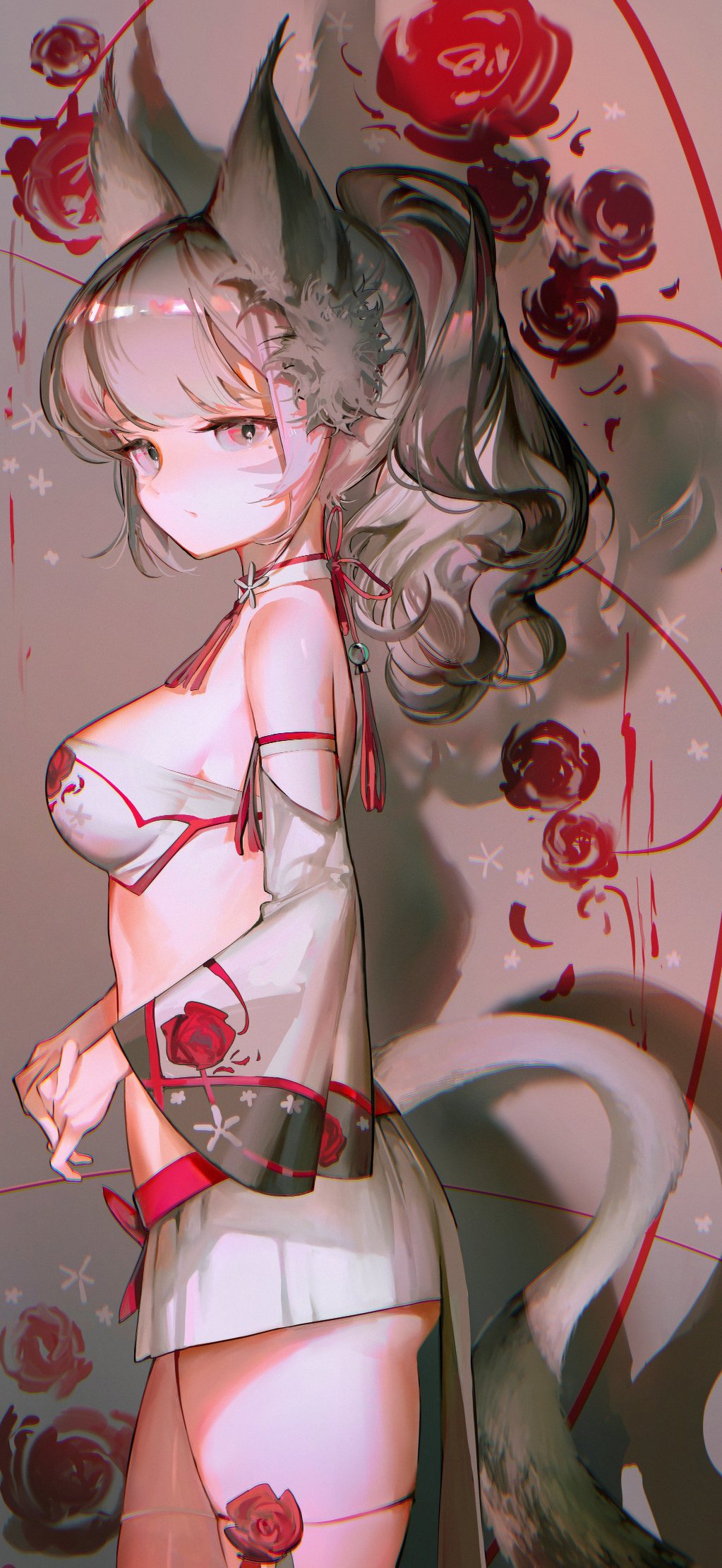fcjfior, final fantasy, final fantasy xiv, character request, highres, animal ears, bare shoulders, breasts, detached collar, detached sleeves, floral print, flower, from side, grey hair, long sleeves, looking at viewer, medium breasts, nape, orange eyes, ponytail, red flower, red rose, rose, rose print, sideboob, skirt, stomach, swept bangs, tail, thighs, wavy hair, white skirt