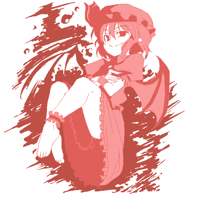 hirase yuu, remilia scarlet, touhou, 1girl, barefoot, crossed arms, feet, female focus, hat, legs up, monochrome, oekaki, pink theme, pointy ears, red theme, ribbon, short hair, smile, smirk, solo, wings