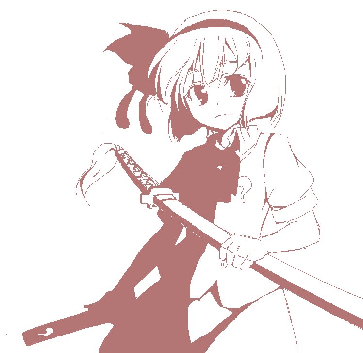 hirase yuu, konpaku youmu, touhou, 1girl, female focus, hairband, high contrast, katana, monochrome, oekaki, pink theme, short hair, solo, sword, weapon