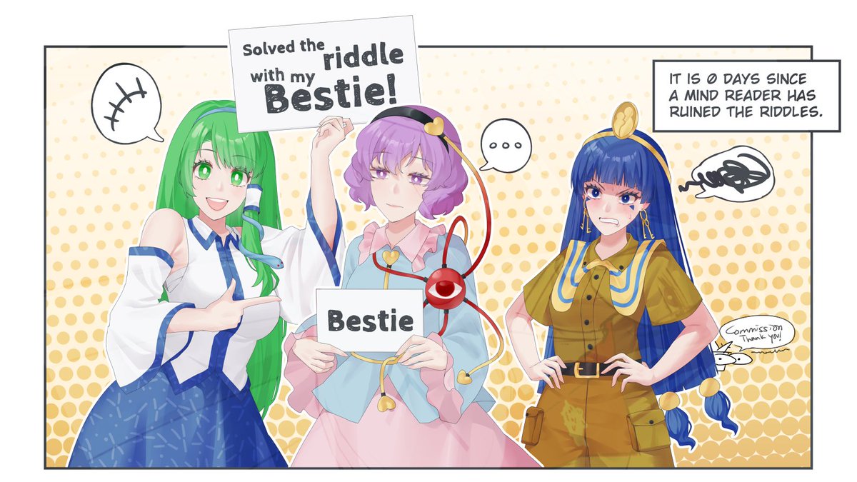 aroevela, kochiya sanae, komeiji satori, michigami nareko, touhou, commentary, commission, english commentary, …, 3girls, :|, angry, bare shoulders, belt, black belt, blue eyes, blue hair, blue shirt, blue skirt, blunt bangs, border, breasts, brown shirt, brown shorts, clenched teeth, closed mouth, collared shirt, detached sleeves, earrings, english text, facial mark, frilled shirt collar, frilled sleeves, frills, gold buckle, gold headwear, green eyes, green hair, grimace, hair ornament, hair tubes, hairband, hands on own hips, headpiece, heart, heart hair ornament, holding, jewelry, key earrings, large breasts, long hair, long sleeves, low-tied long hair, medium breasts, medium hair, multiple girls, open mouth, patterned clothing, pink skirt, pointing, pointing at another, polka dot, polka dot background, print skirt, purple eyes, purple hair, quad tails, shirt, short sleeves, shorts, single hair tube, single sidelock, skirt, skirt set, sleeveless, sleeveless shirt, smile, snake hair ornament, speech bubble, spoken ellipsis, striped capelet, swept bangs, teeth, third eye, triangle, triangle facial mark, upper body, v-shaped eyebrows, wavy hair, wide sleeves, wing collar