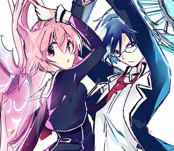 rotte (1109), miyashiro takuru, onoe serika, chaos;child, science adventure, non-web source, 1boy, 1girl, black dress, black jacket, blue eyes, blue hair, cropped jacket, d-sword, dress, dress shirt, dress vest, glasses, hekiho academy school uniform, holding, holding sword, holding weapon, jacket, looking at viewer, necktie, pink eyes, pink hair, red necktie, school uniform, shirt, sword, weapon