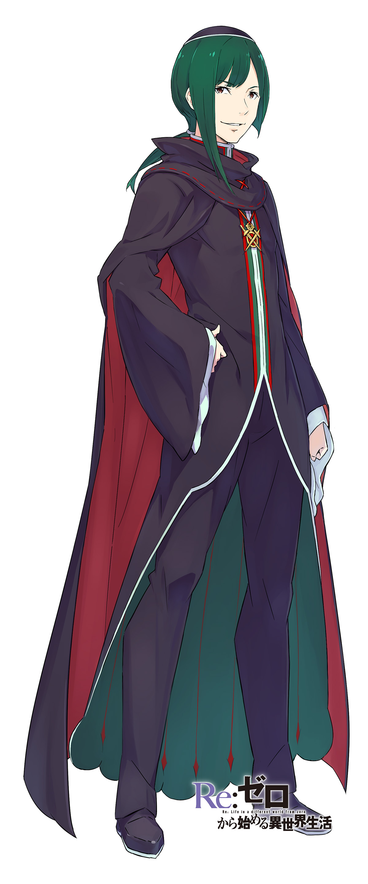 ootsuka shin'ichirou, re:zero kara hajimeru isekai seikatsu, absurdres, commentary request, highres, official art, black cloak, black hat, black pants, black robe, black shoes, brown eyes, clenched hand, cloak, copyright name, dress shoes, full body, green hair, hand on own hip, hat, hood, hooded cloak, juice (re:zero), long hair, long sleeves, looking at viewer, low ponytail, multicolored cloak, pants, ponytail, red cloak, robe, shoes, simple background, smile, solo, standing, tachi-e, teeth, title, two-sided cloak, two-sided fabric, two-tone cloak, white background, wide sleeves