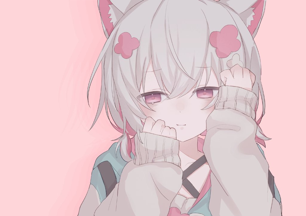 sayo (voicevox), kyu-kurarin (cevio), voicevox, hashtag-only commentary, 1girl, alternate costume, animal ear fluff, animal ears, arazan (ara arazan24), cat ears, cat girl, flower, hair between eyes, hair flower, hair ornament, hood, hooded jacket, jacket, low twintails, multicolored hair, multicolored jacket, pink background, pink eyes, pink hair, short twintails, simple background, sleeves past wrists, solo, teardrop, twintails, white hair