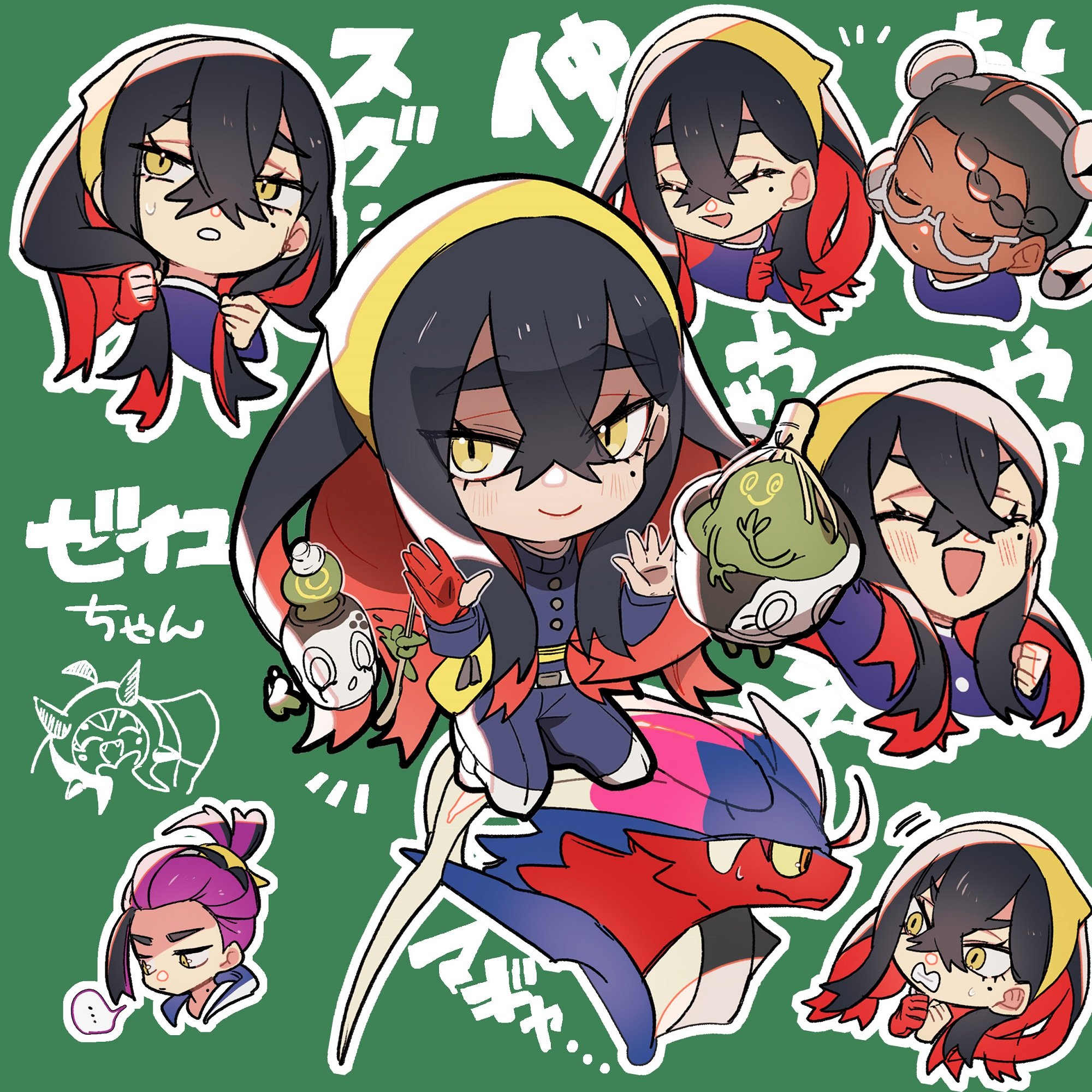 no-kan, amarys (pokemon), carmine (pokemon), kieran (pokemon), koraidon, ogerpon, ogerpon (teal mask), poltchageist, sinistcha, nintendo, pokemon, pokemon sv, commentary request, highres, translation request, …, 1boy, 2girls, black hair, blue jacket, blue pants, blueberry academy school uniform, blush, chibi, chibi only, clenched hands, clenched teeth, closed eyes, closed mouth, crossed bangs, dark-skinned female, dark skin, fanny pack, gloves, green background, hair between eyes, hairband, holding, holding own hair, jacket, long hair, long sleeves, mole, mole on neck, mole under eye, multicolored hair, multiple girls, open mouth, pants, partially fingerless gloves, pokemon (creature), purple hair, red gloves, red hair, school uniform, short hair, single glove, spoken ellipsis, sweatdrop, teeth, two-tone hair, yellow eyes, yellow hairband