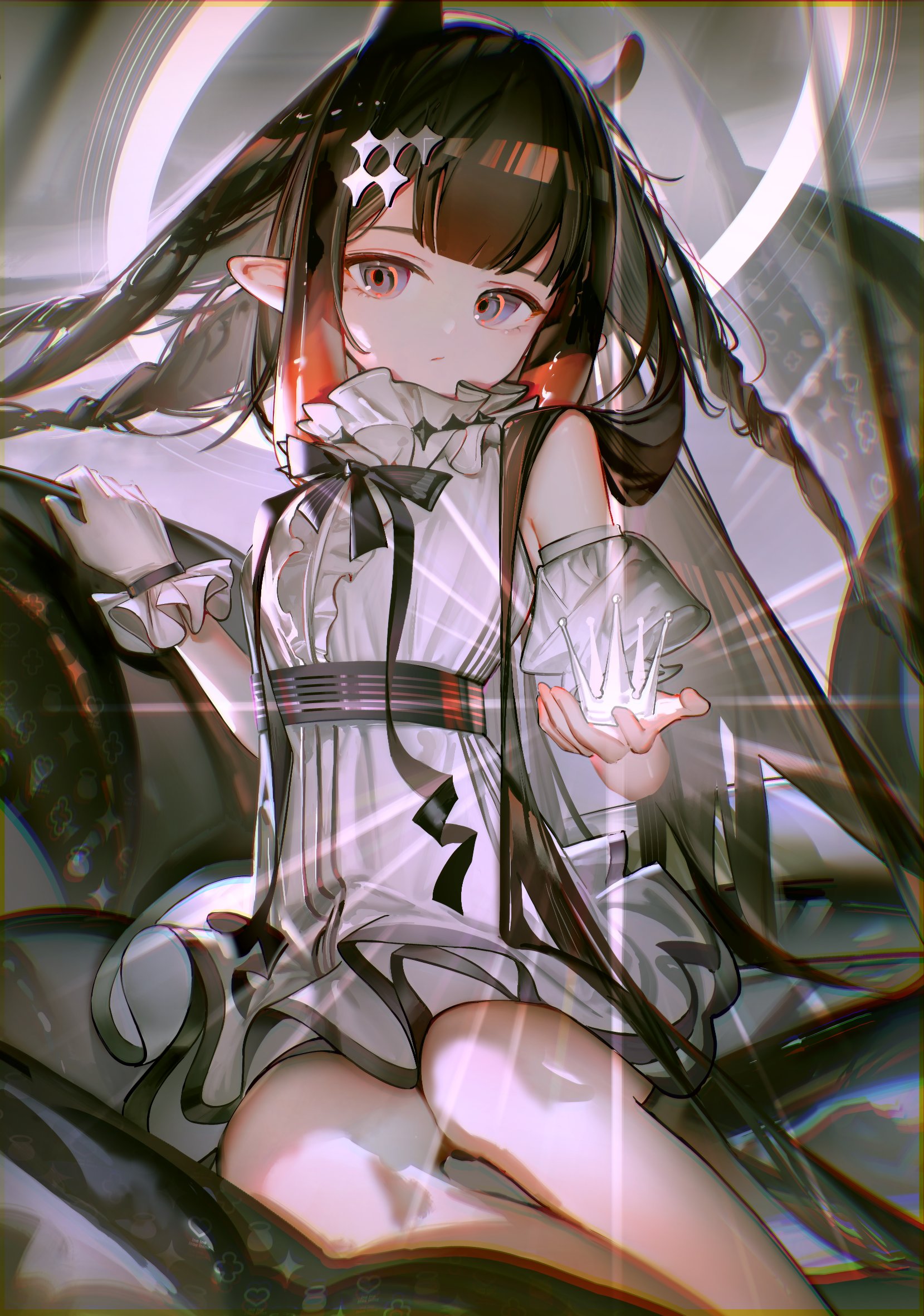 fcjfior, ninomae ina'nis, hololive, hololive english, highres, 1girl, armpit crease, belt, black belt, black bow, black hair, blunt bangs, bow, closed mouth, collar, crown, detached sleeves, diffraction spikes, frilled collar, frilled wristband, frills, gradient hair, halo, long hair, looking at viewer, multicolored hair, pointy ears, sitting, straight hair, tentacle hair, yokozuwari