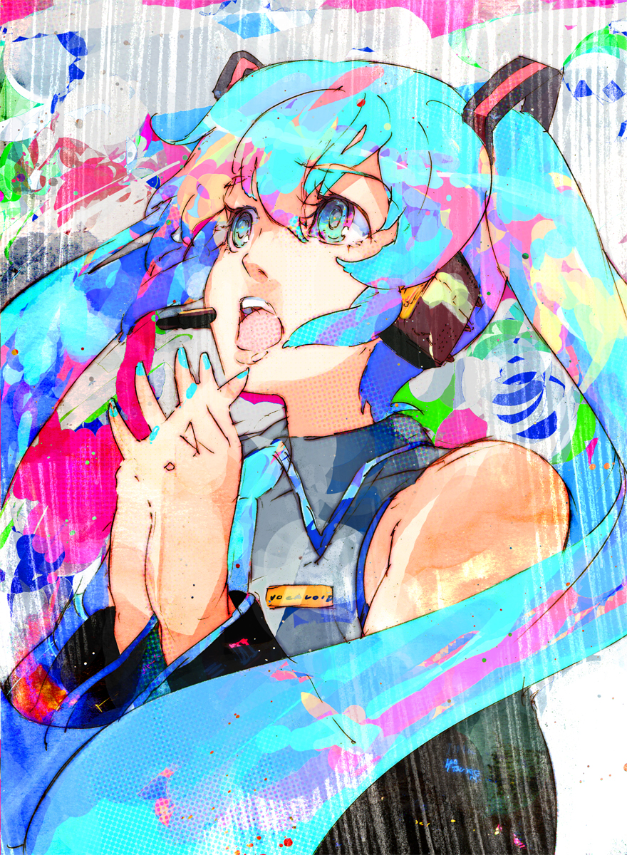 kitano yuusuke, hatsune miku, vocaloid, highres, 1girl, aqua eyes, aqua nails, blue hair, colorful, detached sleeves, female focus, headphones, headset, long hair, nail polish, necktie, open mouth, solo, twintails