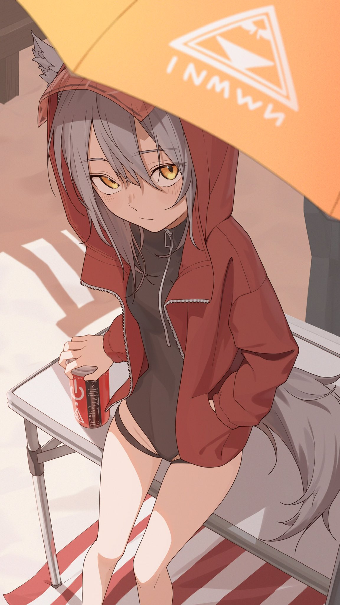 shoujo l, projekt red (arknights), projekt red (light breeze) (arknights), arknights, highres, 1girl, animal ears, beach, black one-piece swimsuit, blush, breasts, closed mouth, day, ears through hood, from above, grey hair, hair between eyes, hand in pocket, hood, hood up, hooded jacket, jacket, looking at viewer, medium breasts, official alternate costume, one-piece swimsuit, open clothes, open jacket, outdoors, red jacket, solo, swimsuit, tail, thighs, wolf ears, wolf girl, wolf tail, yellow eyes